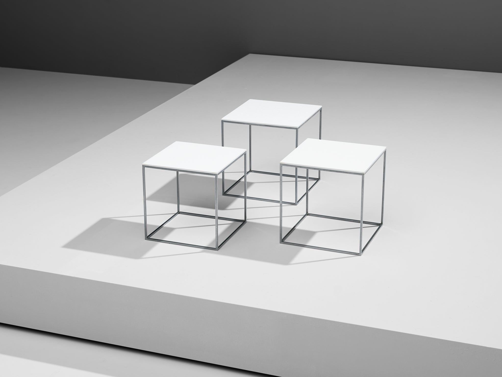 Poul Kjaerholm Set of Nesting Tables in White Perspex and Steel tables Morentz