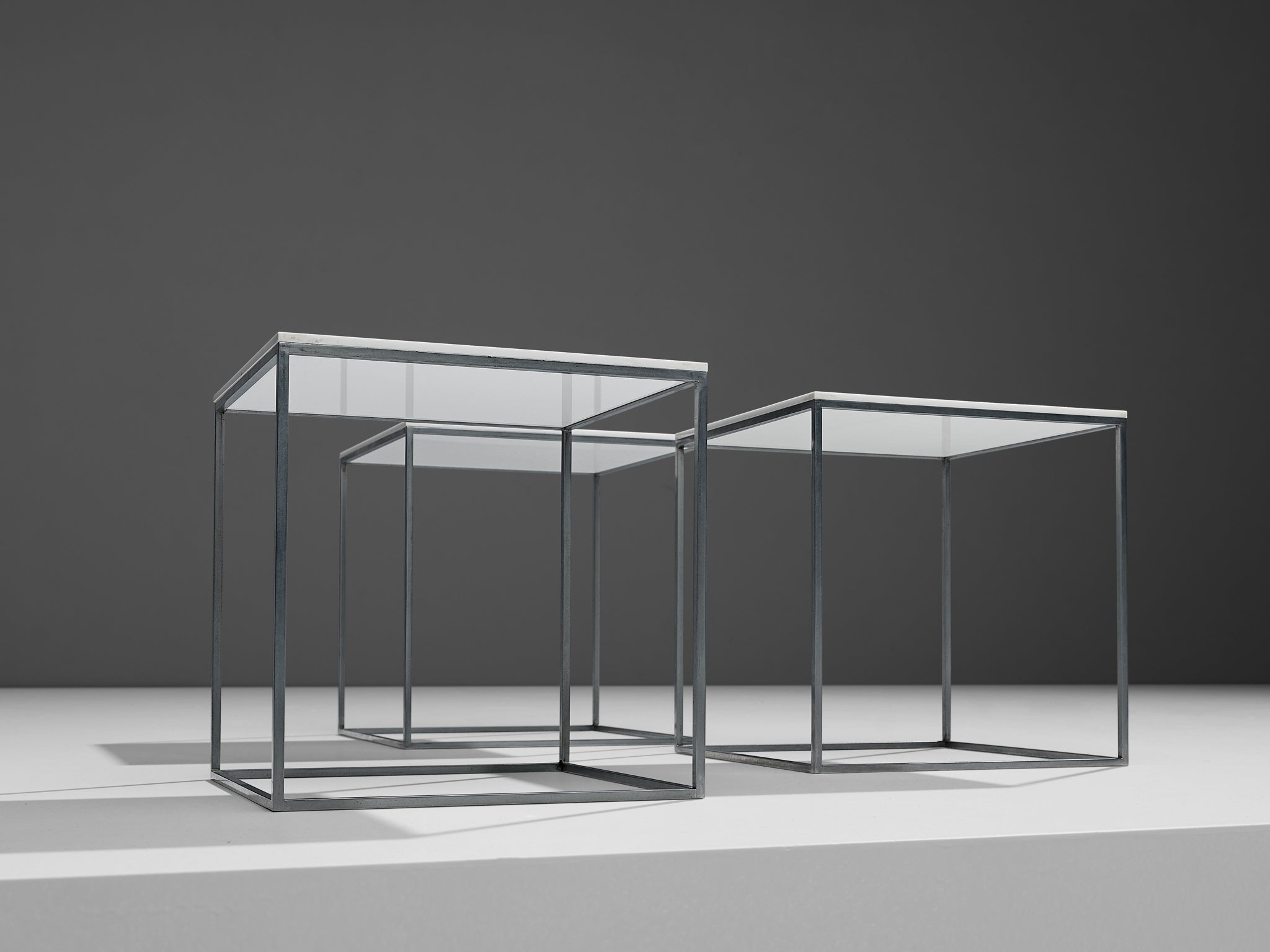 Poul Kjaerholm Set of Nesting Tables in White Perspex and Steel tables Morentz