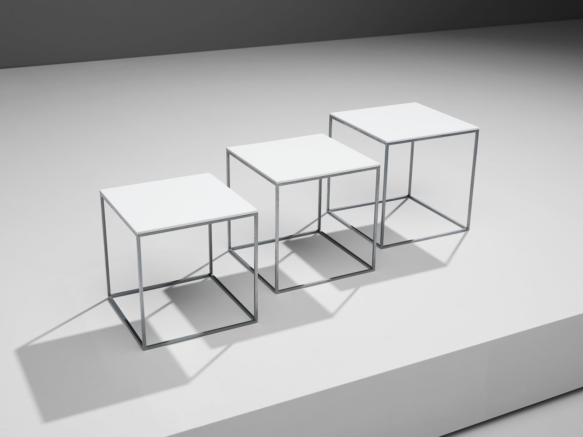 Poul Kjaerholm Set of Nesting Tables in White Perspex and Steel tables Morentz