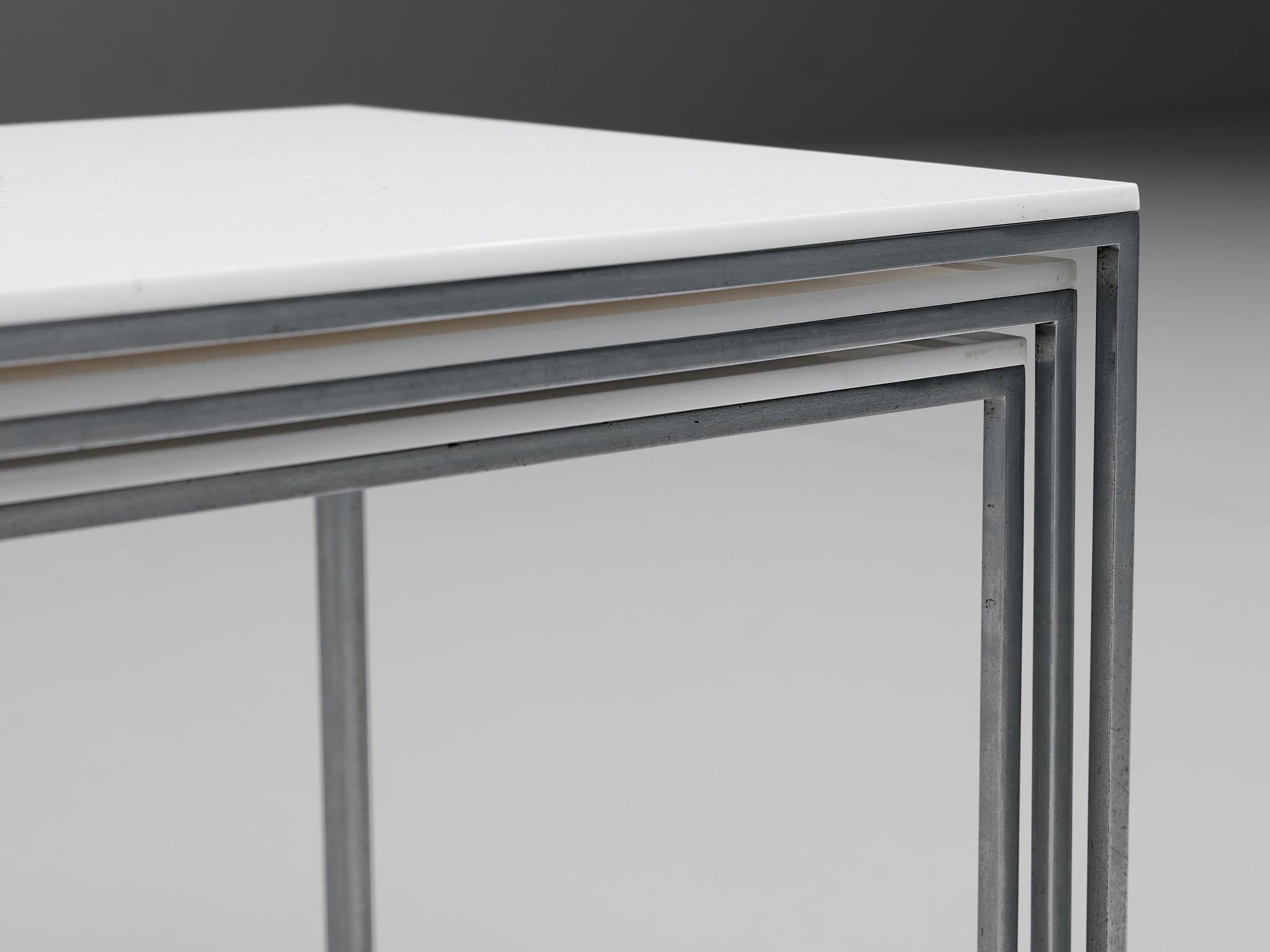 Poul Kjaerholm Set of Nesting Tables in White Perspex and Steel tables Morentz