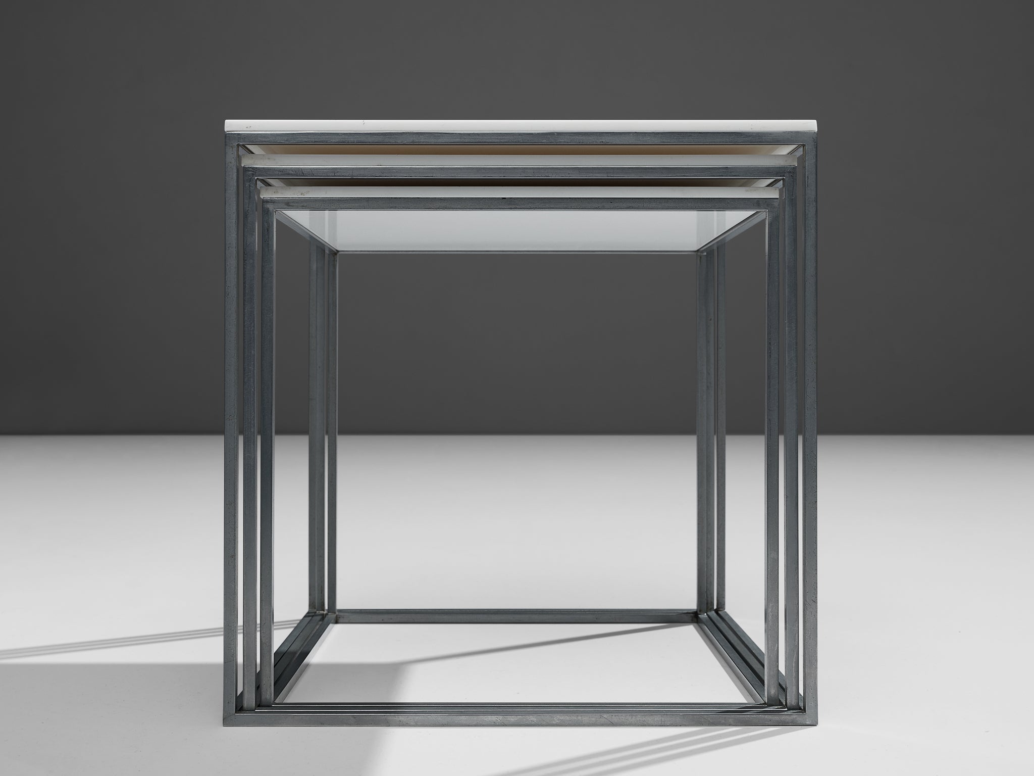Poul Kjaerholm Set of Nesting Tables in White Perspex and Steel tables Morentz