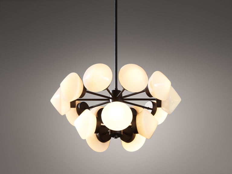 Large Swedish Chandelier in Metal and Opaline Glass Shades