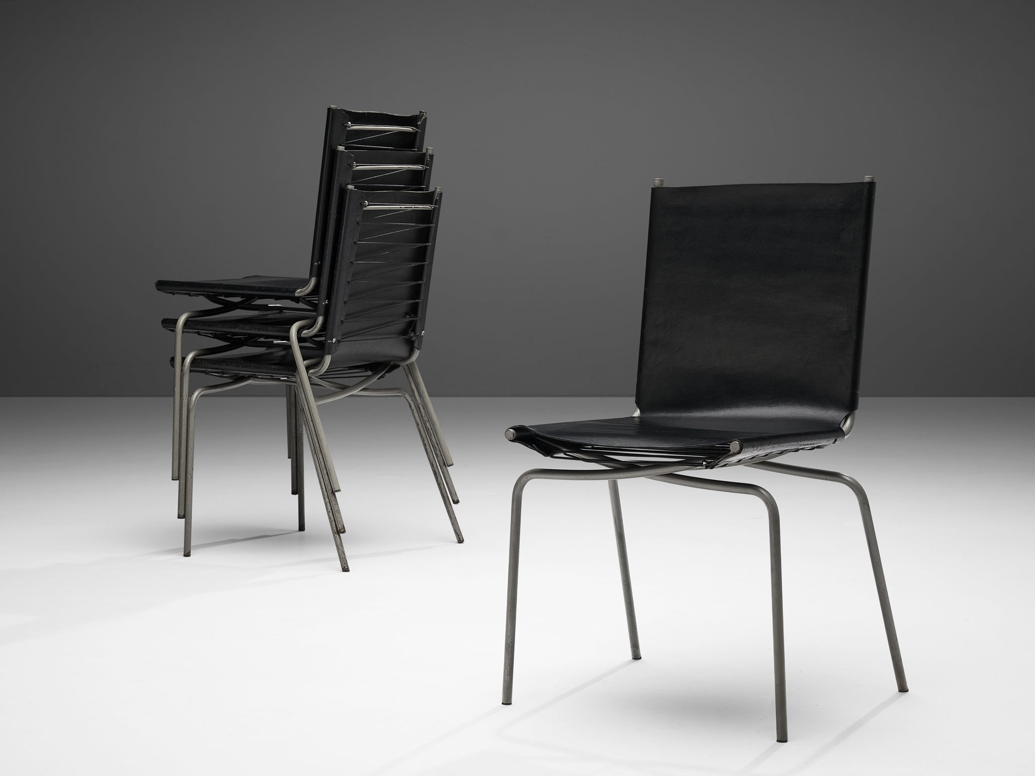 Fabiaan Van Severen Set of Dining Chairs in Black Leather seating Morentz