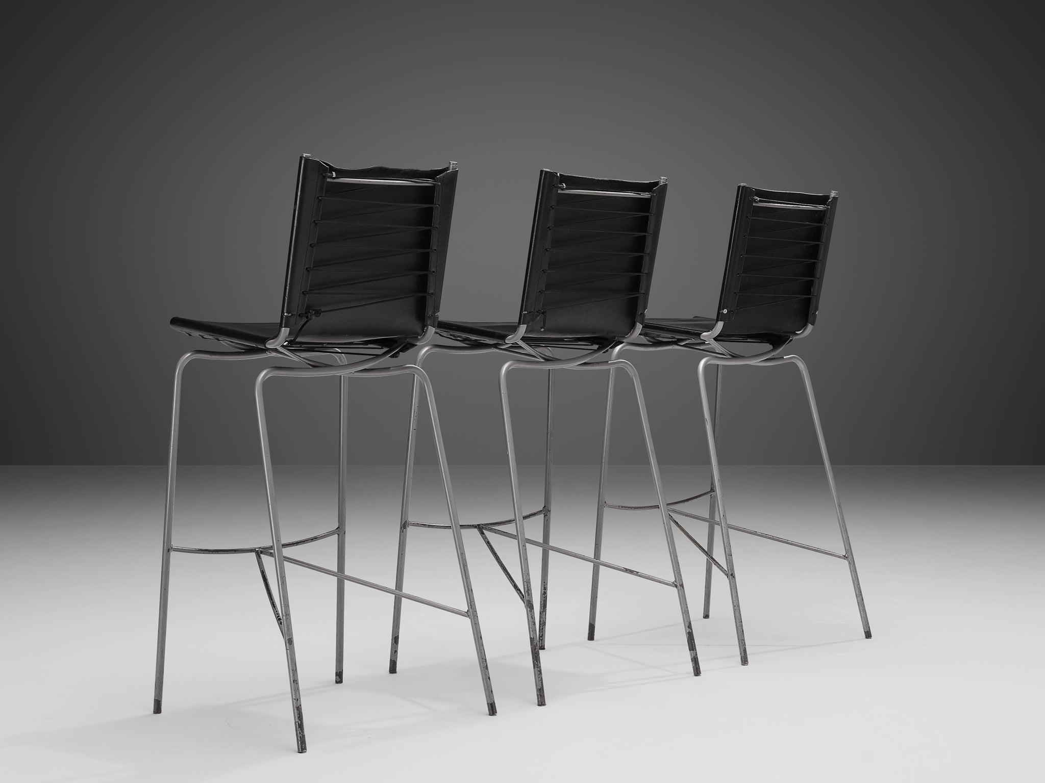 Fabiaan Van Severen Set of Three Bar Stools in Patinated Black Leather Seating Morentz
