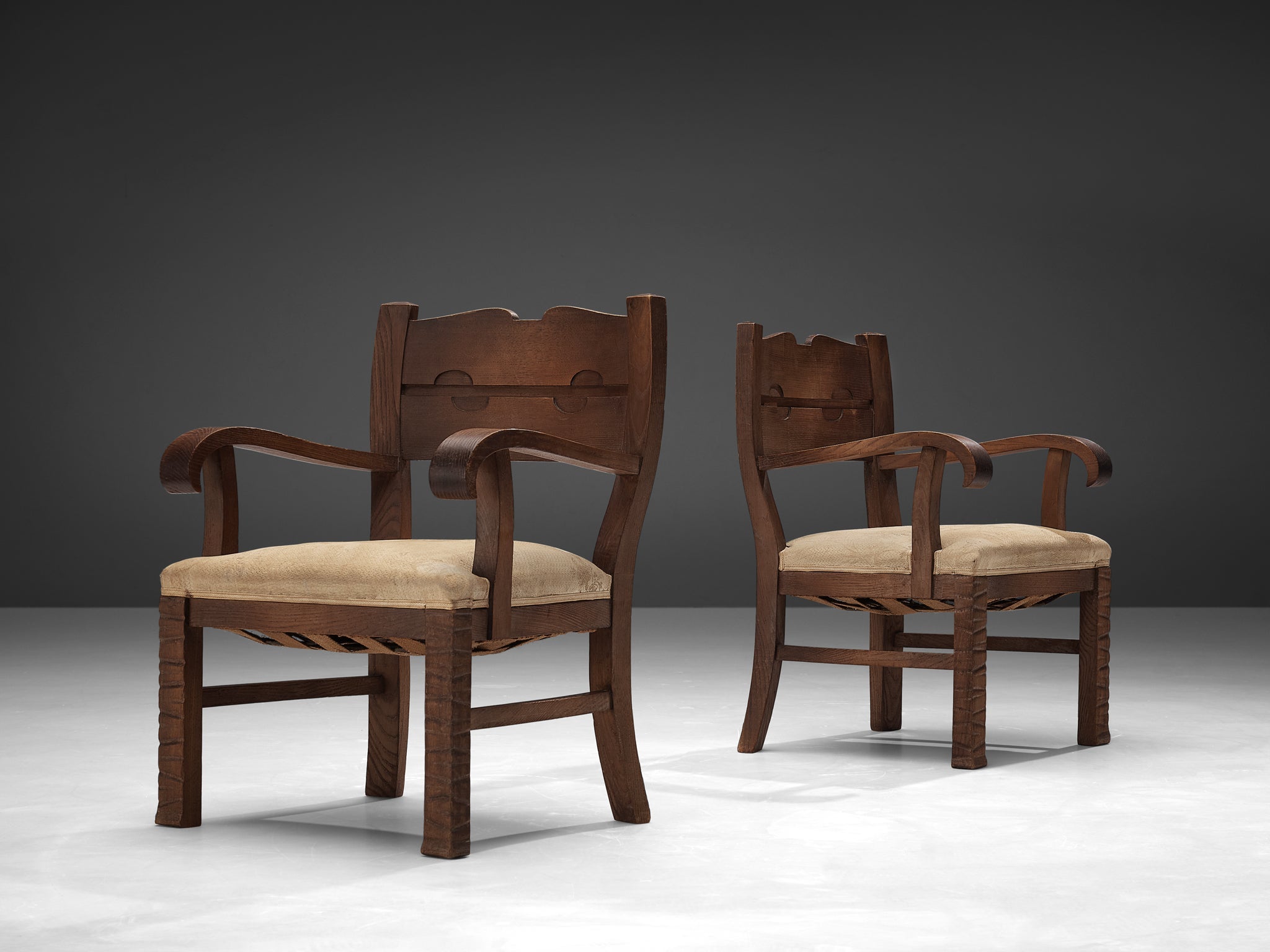 Ernesto Valabrega Pair of Rare Armchairs in Oak seating Morentz