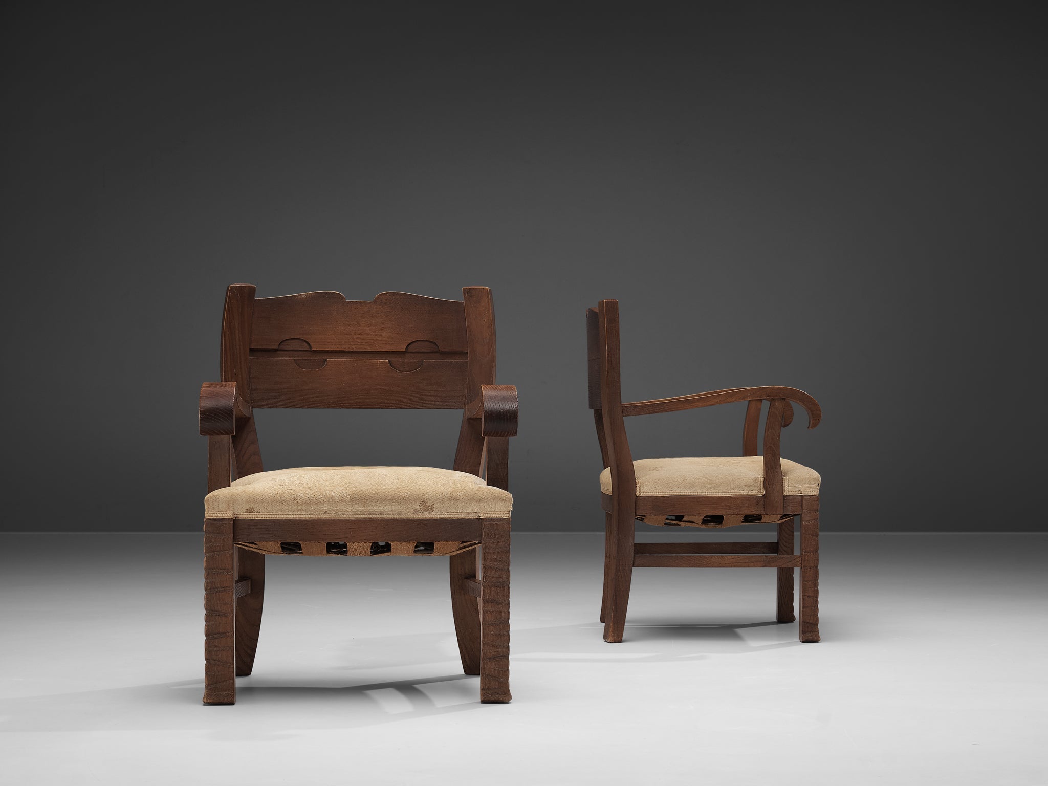 Ernesto Valabrega Pair of Rare Armchairs in Oak seating Morentz