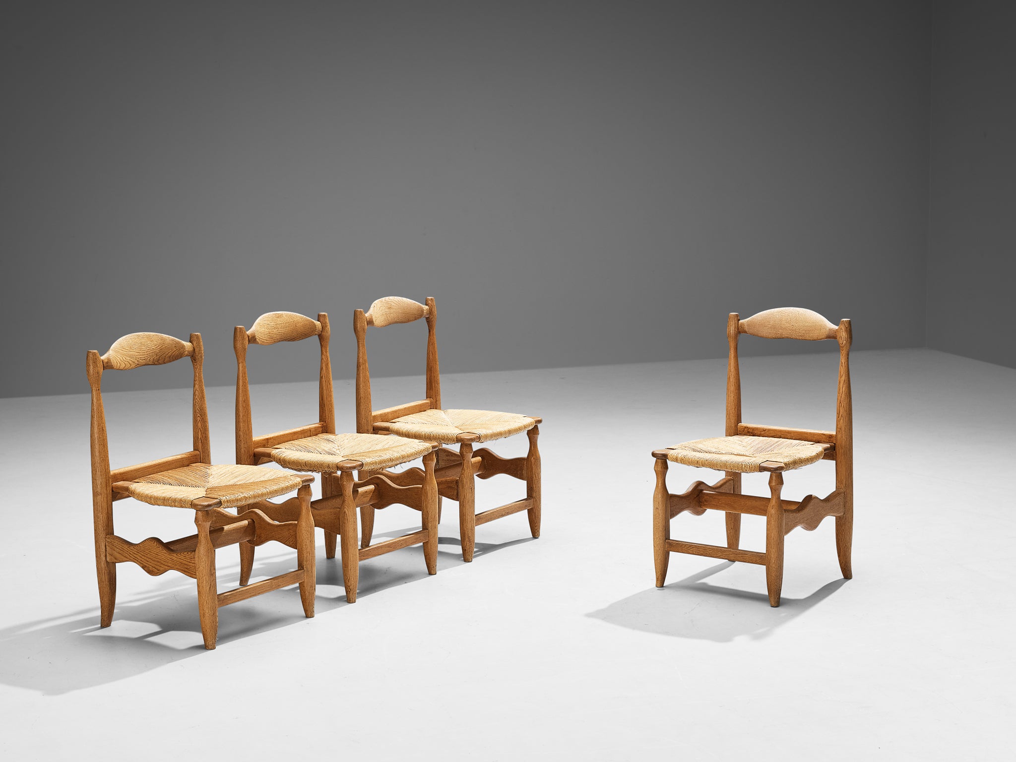 Guillerme & Chambron Set of Four 'Charlotte' Dining Chairs in Oak and Rush Seating Morentz