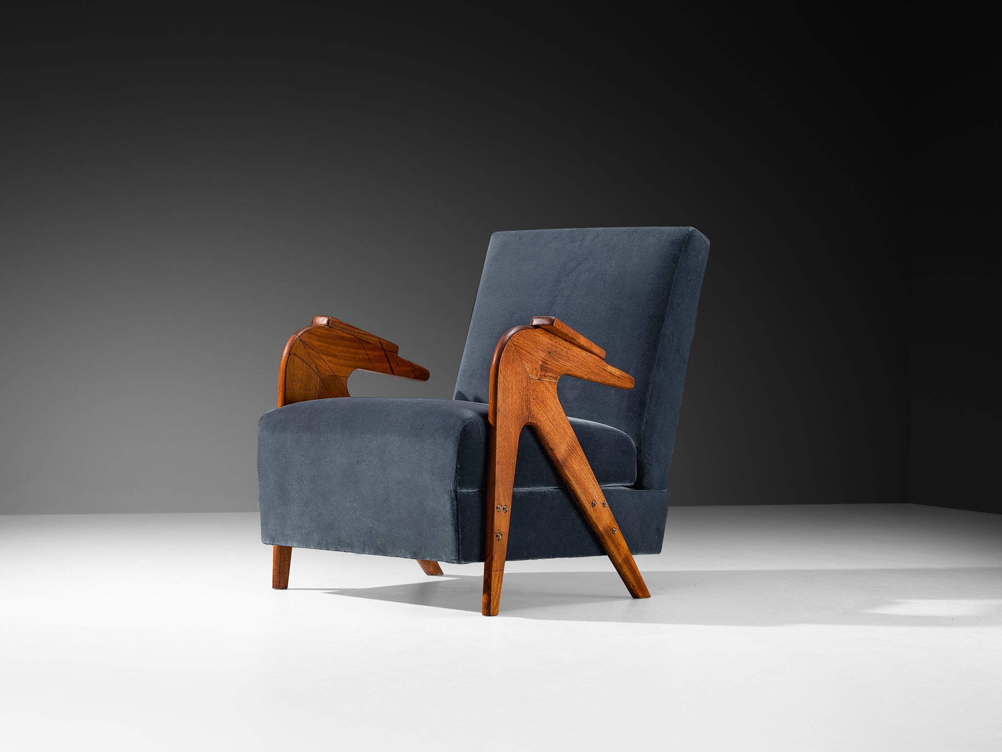 Móveis Drago ‘Novelty’ Armchair in Blue Velvet and Brazilian Hardwood