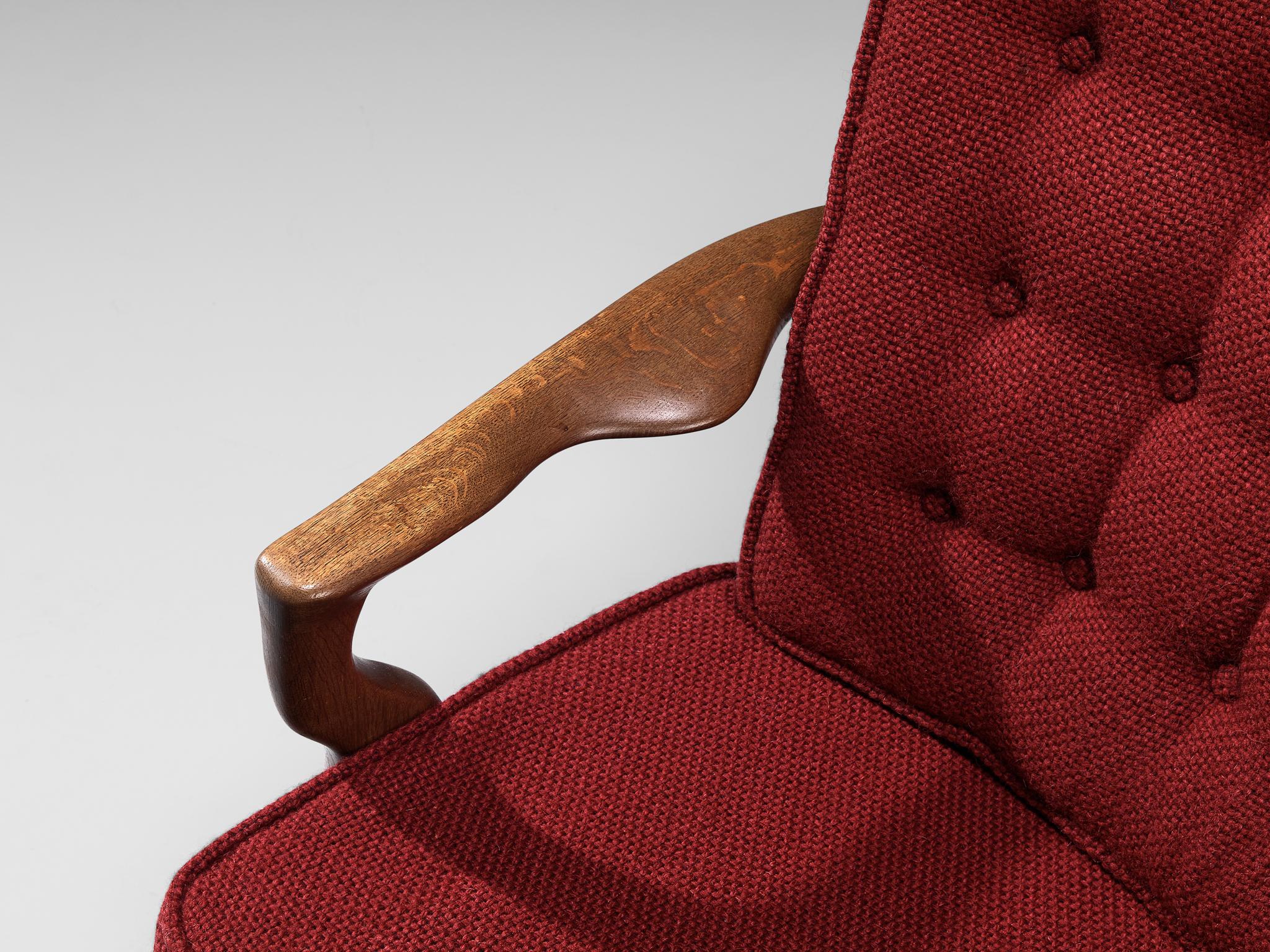 Guillerme Chambron 'Mid Repos' Lounge Chair in Oak and Red Upholstery seating Morentz