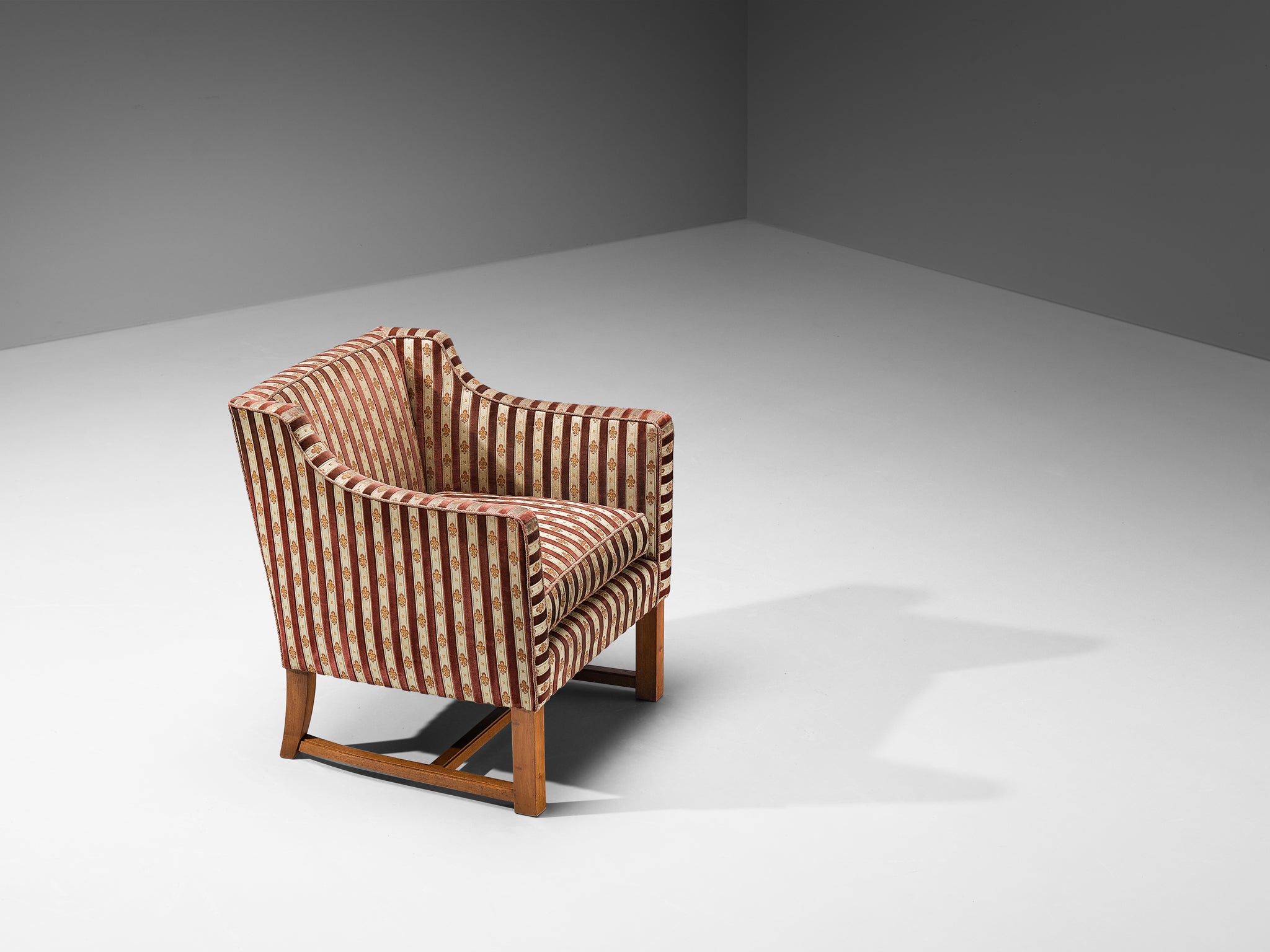 Art Deco Armchair in Red Striped Fleurs de Lis Patterned Upholstery Seating Morentz
