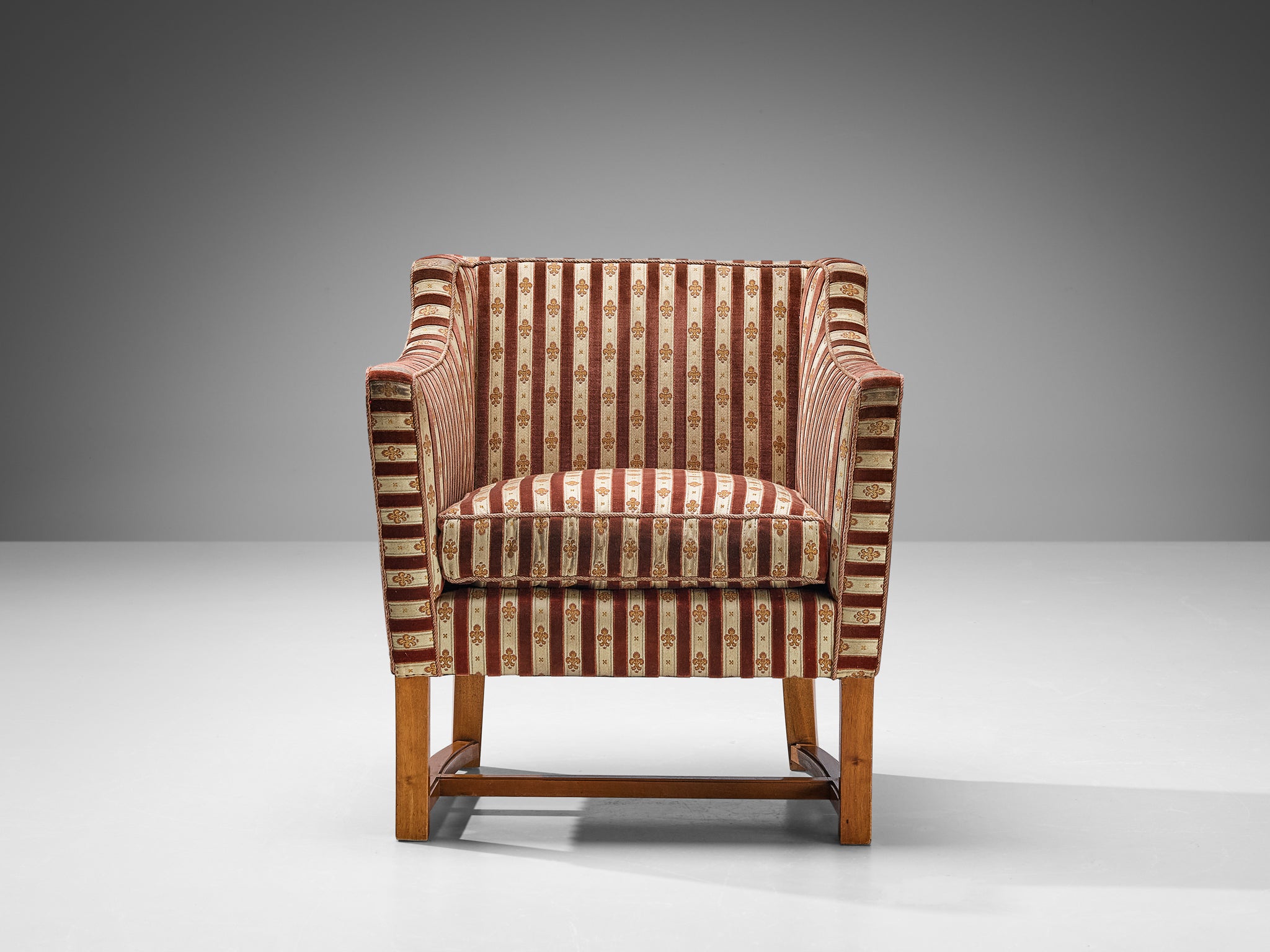 Art Deco Armchair in Red Striped Fleurs de Lis Patterned Upholstery Seating Morentz