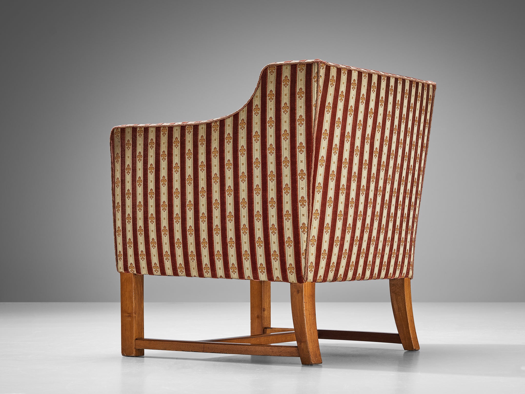 Art Deco Armchair in Red Striped Fleurs de Lis Patterned Upholstery Seating Morentz