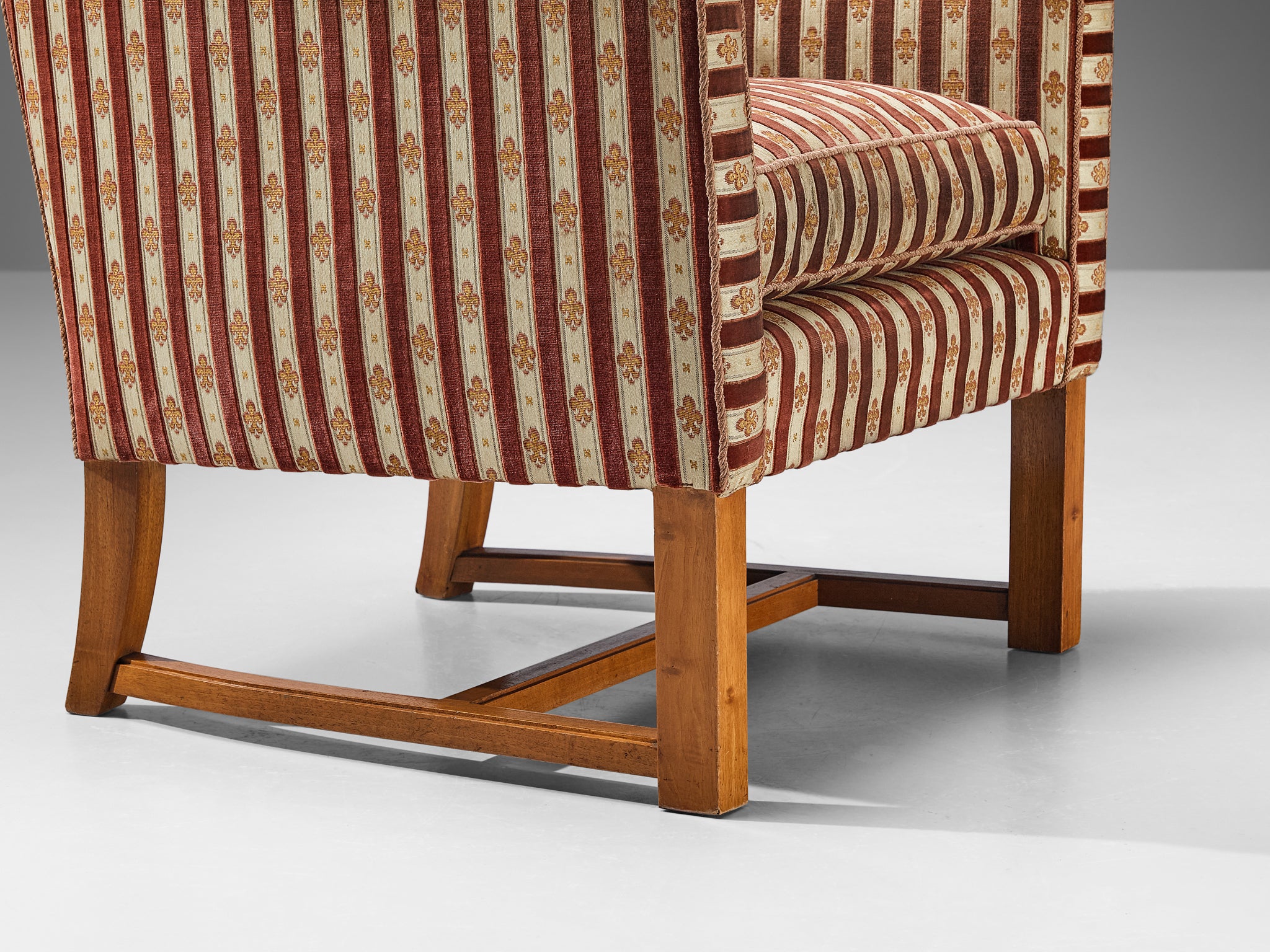 Art Deco Armchair in Red Striped Fleurs de Lis Patterned Upholstery Seating Morentz