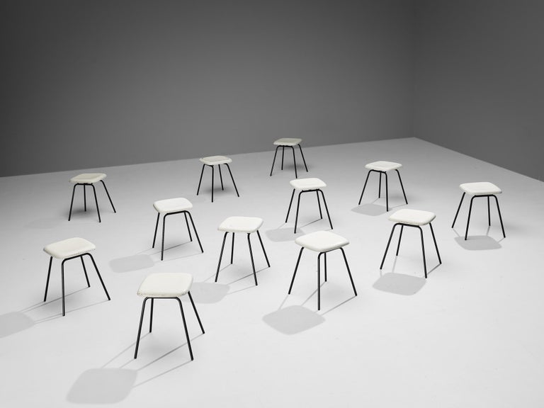 Modern Stools in White Fiberglass and Black Coated Steel