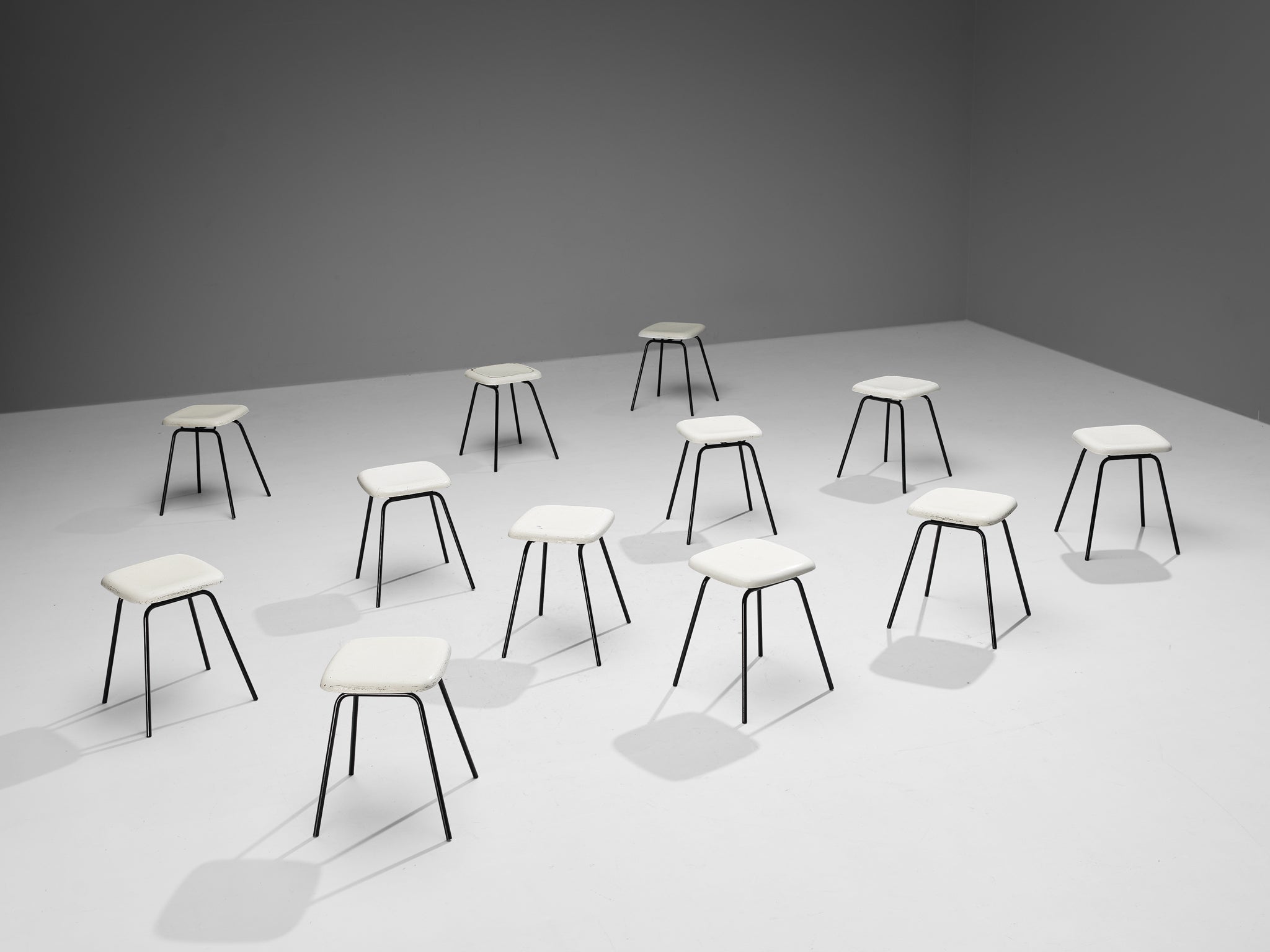 Modern Stools in White Fiberglass and Black Coated Steel seating Morentz