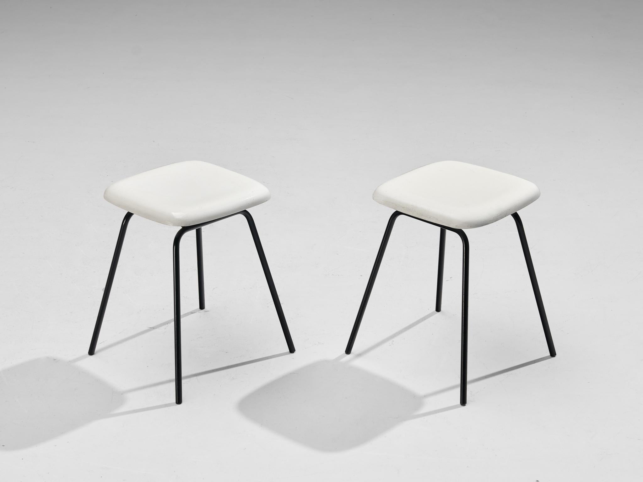 Modern Stools in White Fiberglass and Black Coated Steel seating Morentz