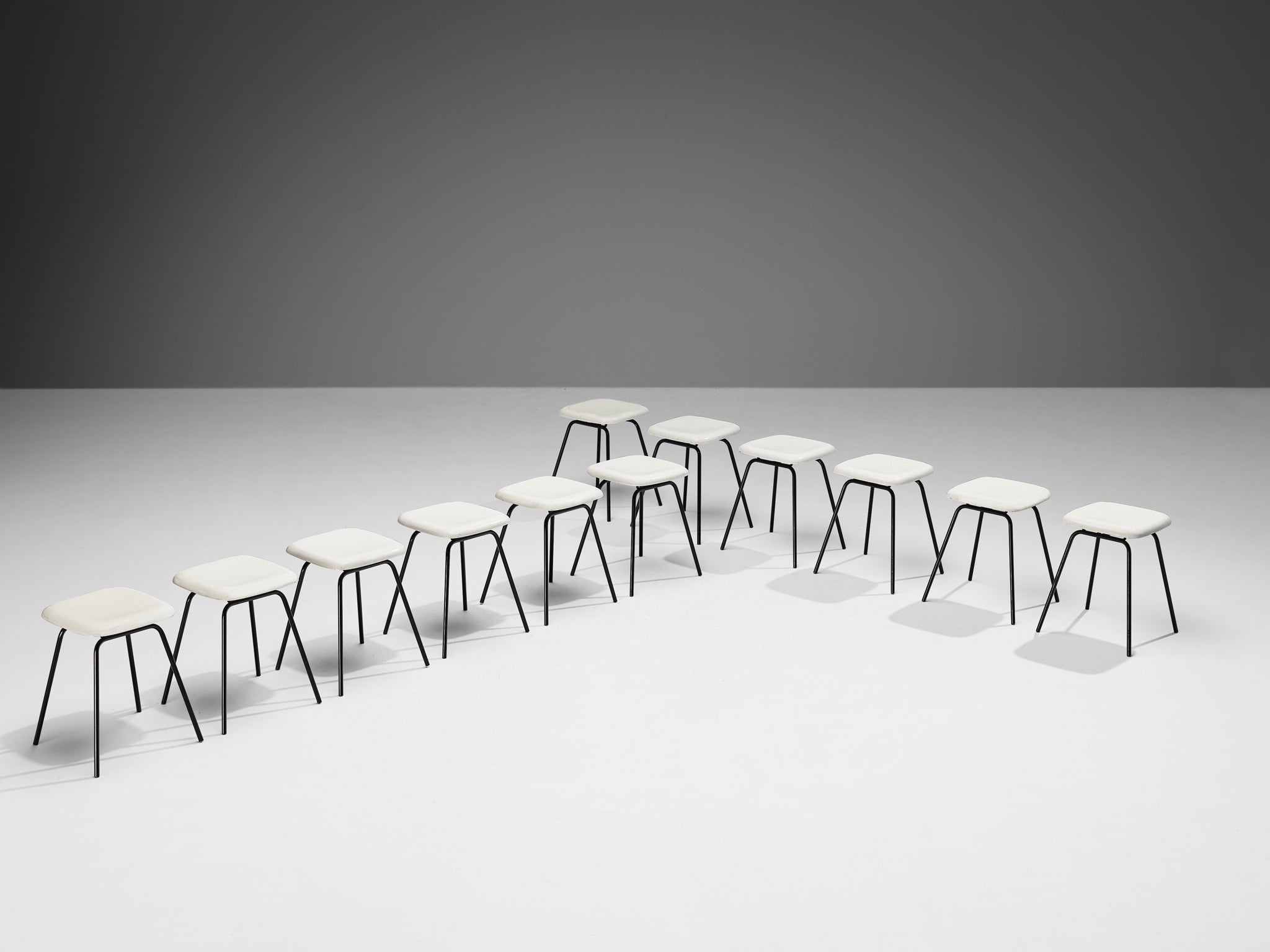 Modern Stools in White Fiberglass and Black Coated Steel seating Morentz