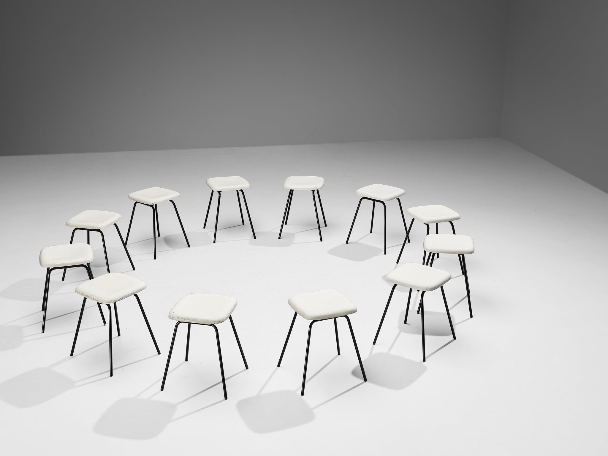 Modern Stools in White Fiberglass and Black Coated Steel seating Morentz