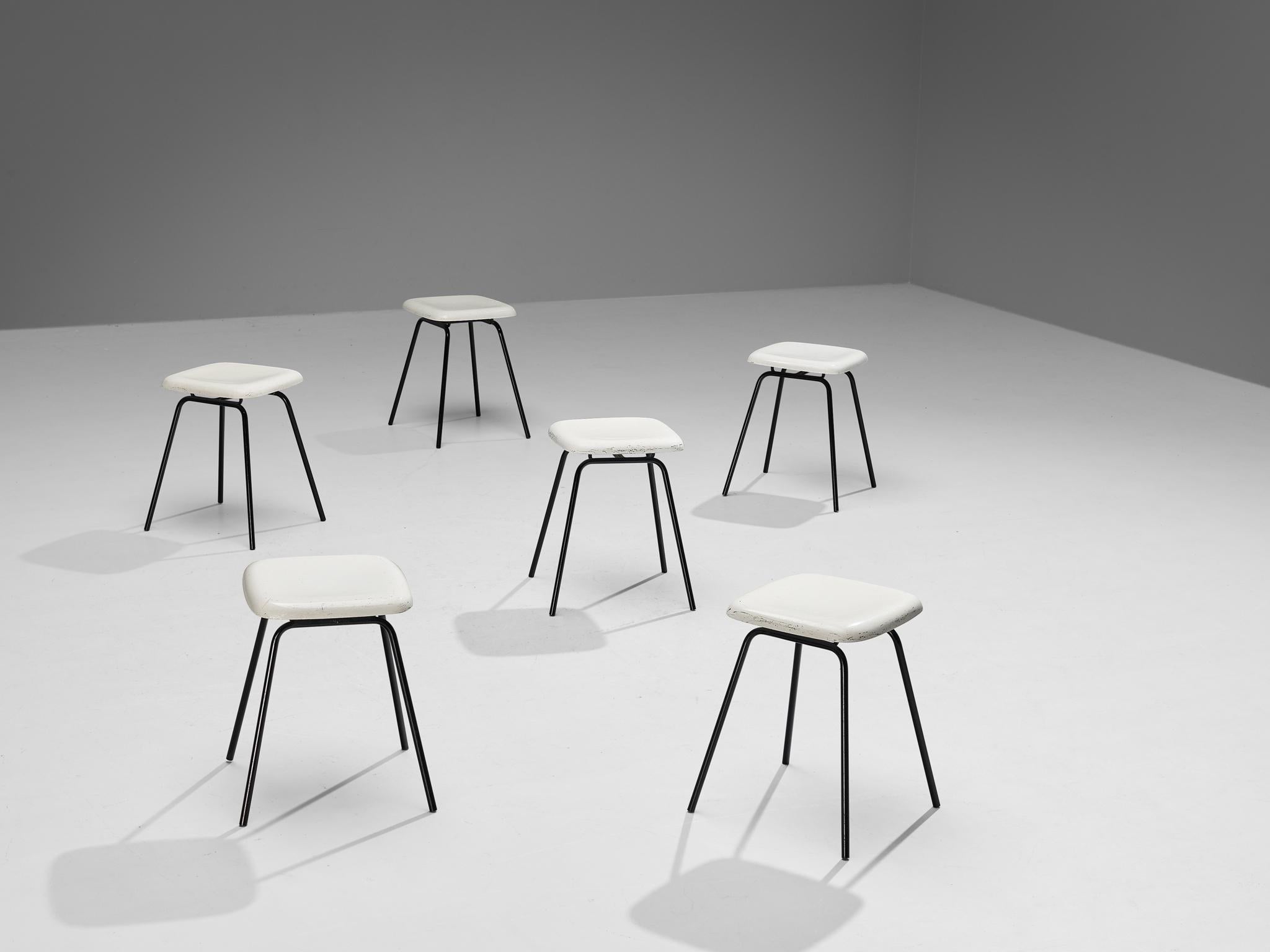 Modern Stools in White Fiberglass and Black Coated Steel seating Morentz