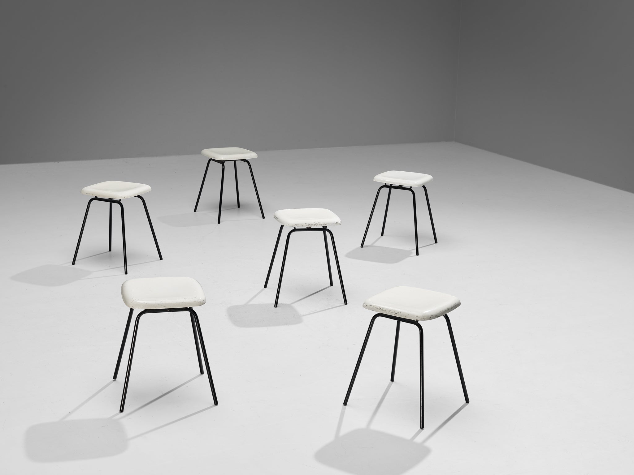 Modern Stools in White Fiberglass and Black Coated Steel seating Morentz