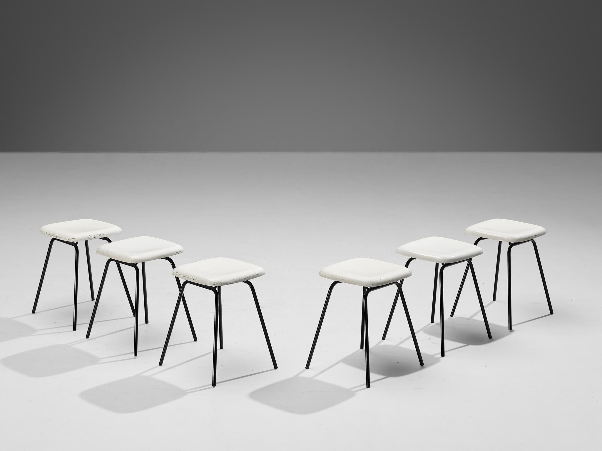 Modern Stools in White Fiberglass and Black Coated Steel seating Morentz