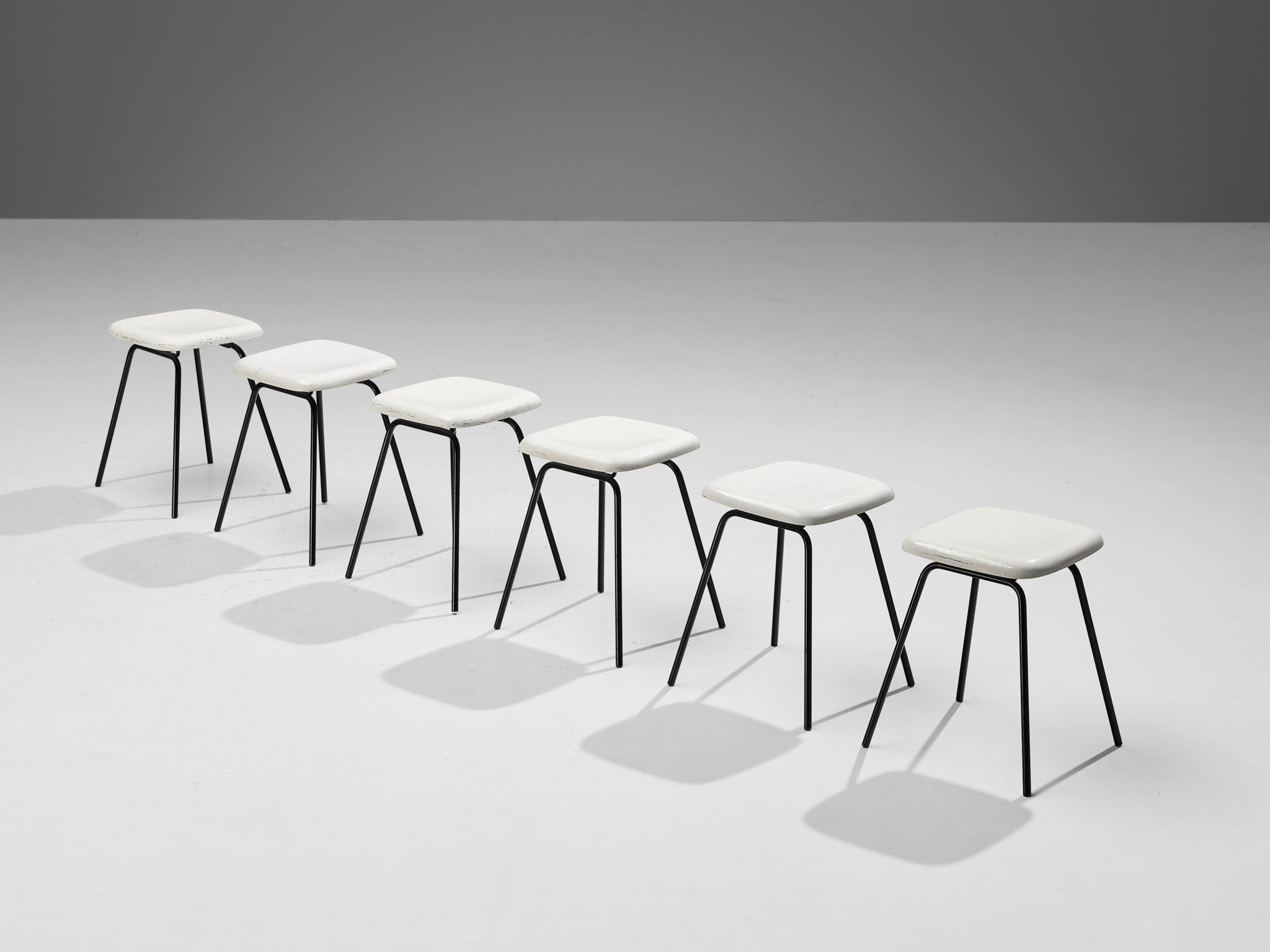 Modern Stools in White Fiberglass and Black Coated Steel seating Morentz