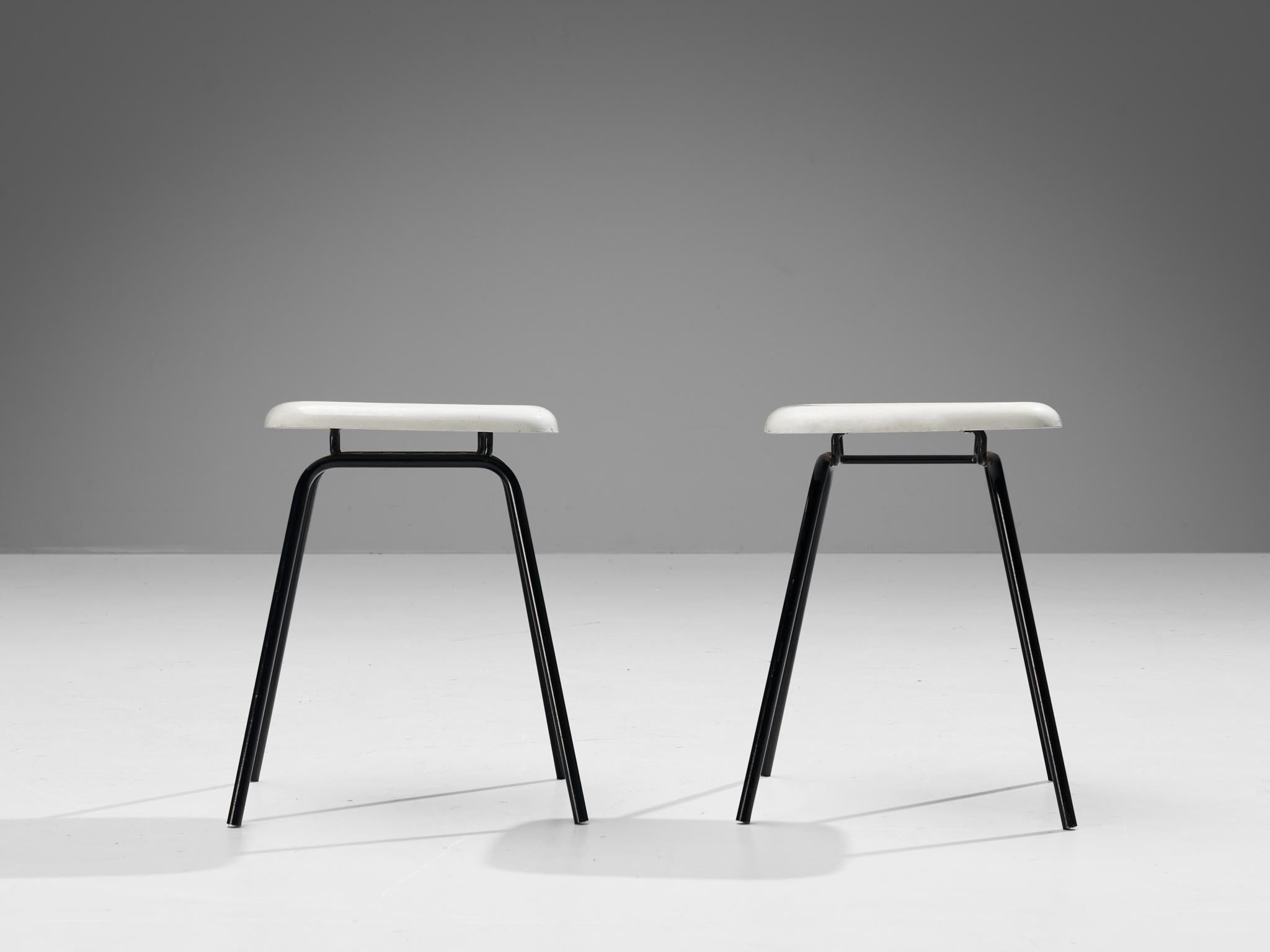 Modern Stools in White Fiberglass and Black Coated Steel seating Morentz