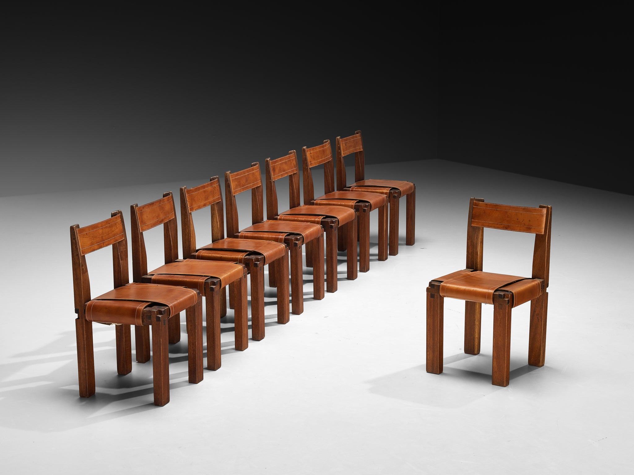 Rare Pierre Chapo Set of Eight S11 Dining Chairs in Sipo Wood and Leather Seating Morentz