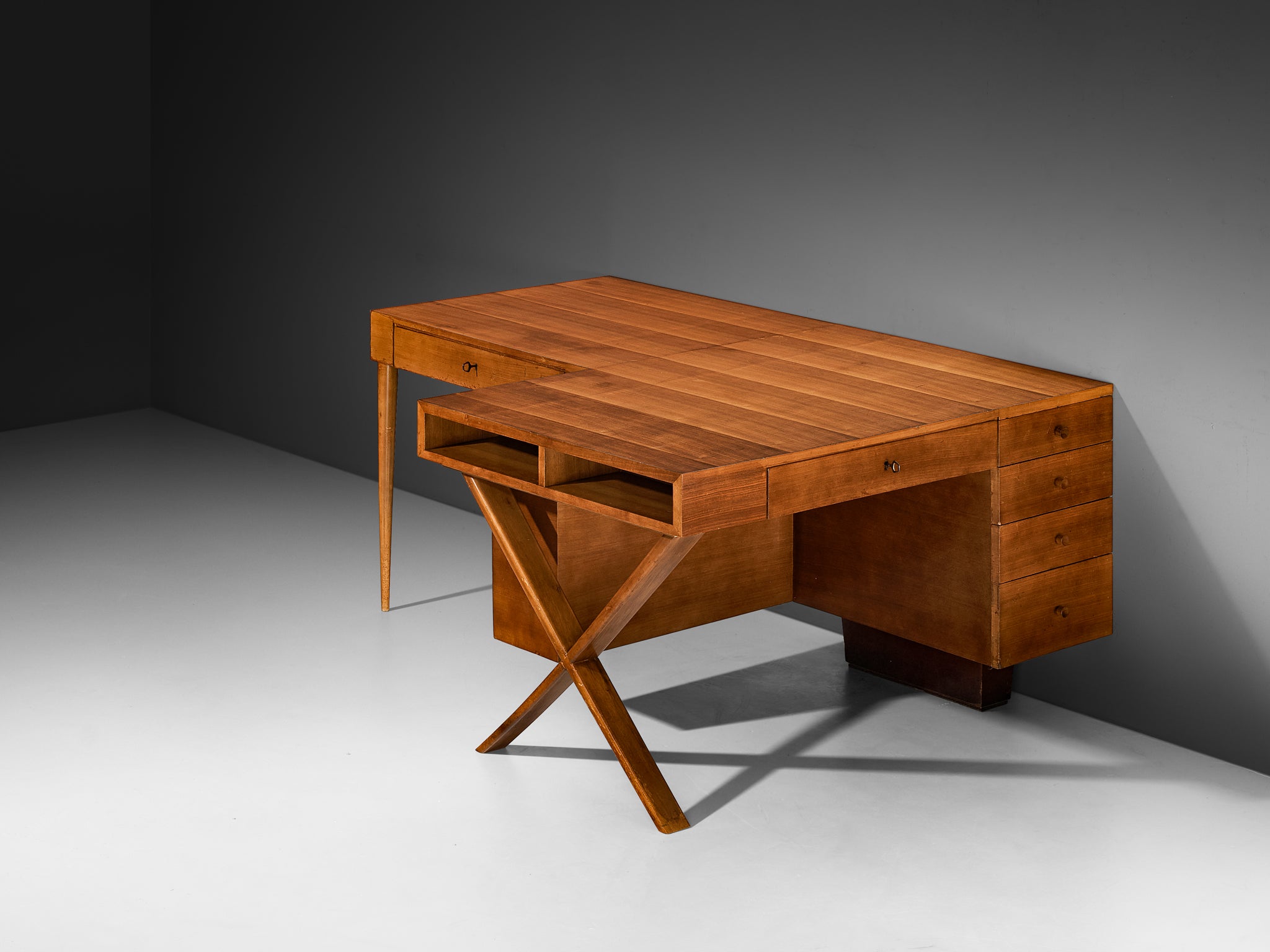 Unique Italian Duo Desk in Walnut with Marquetry Tables Morentz
