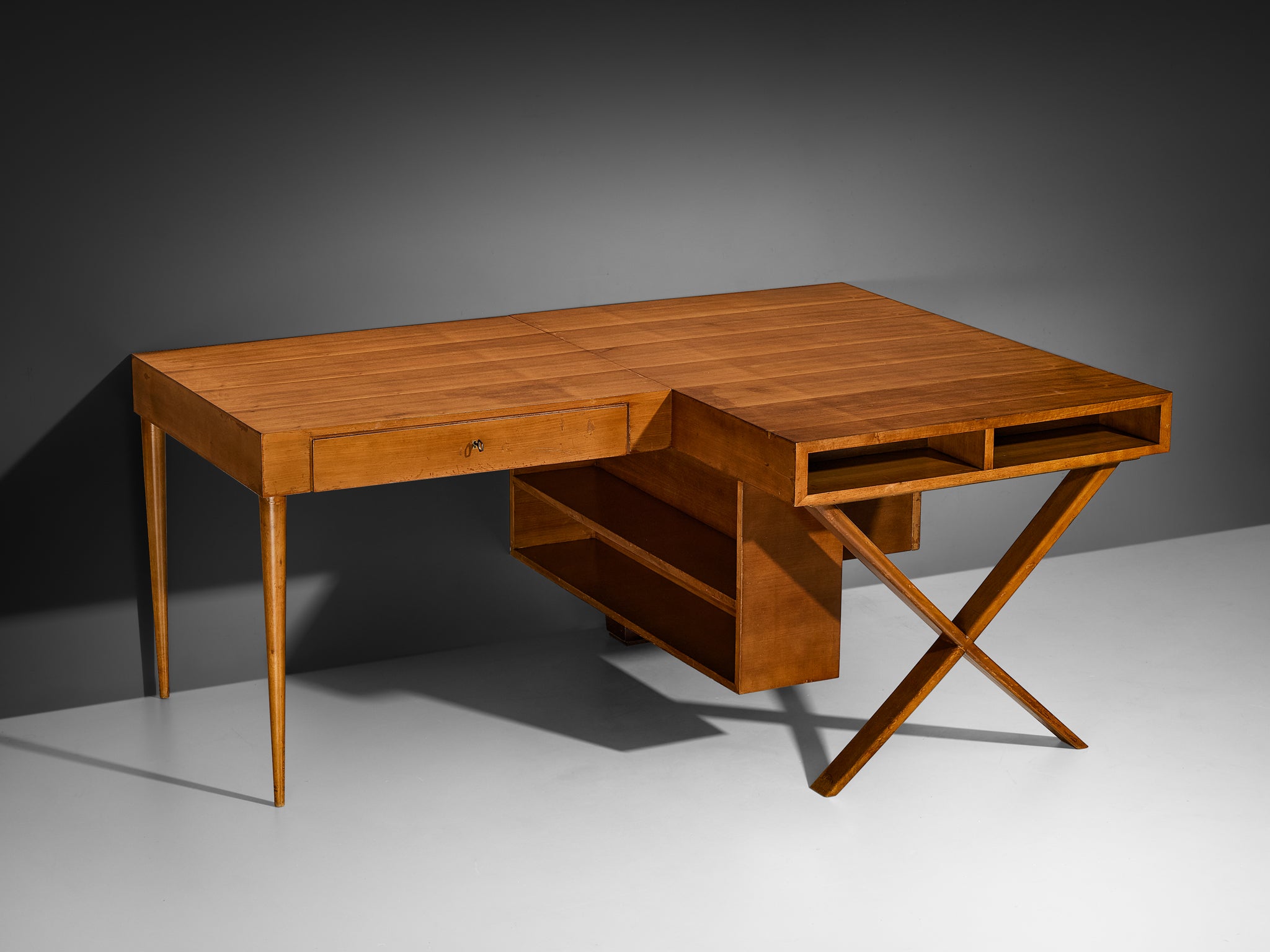 Unique Italian Duo Desk in Walnut with Marquetry Tables Morentz