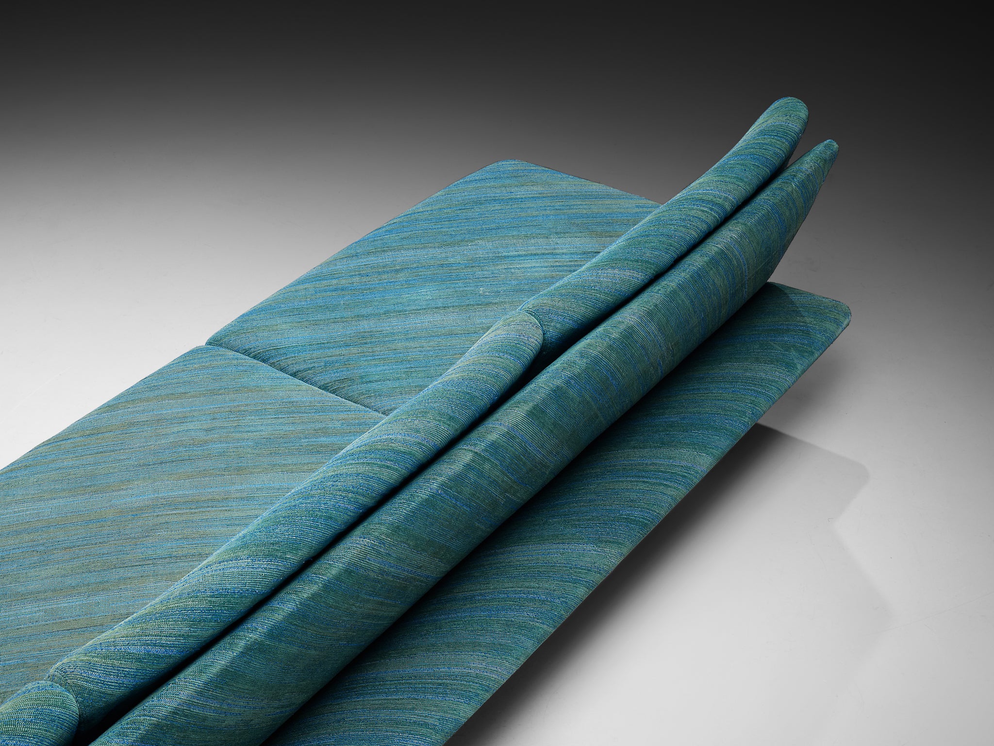 Streamlined Modern Living Room Set with Sofas and Ottoman in Green-Blue Patterned Upholstery and Chromed Metal Seating Morentz