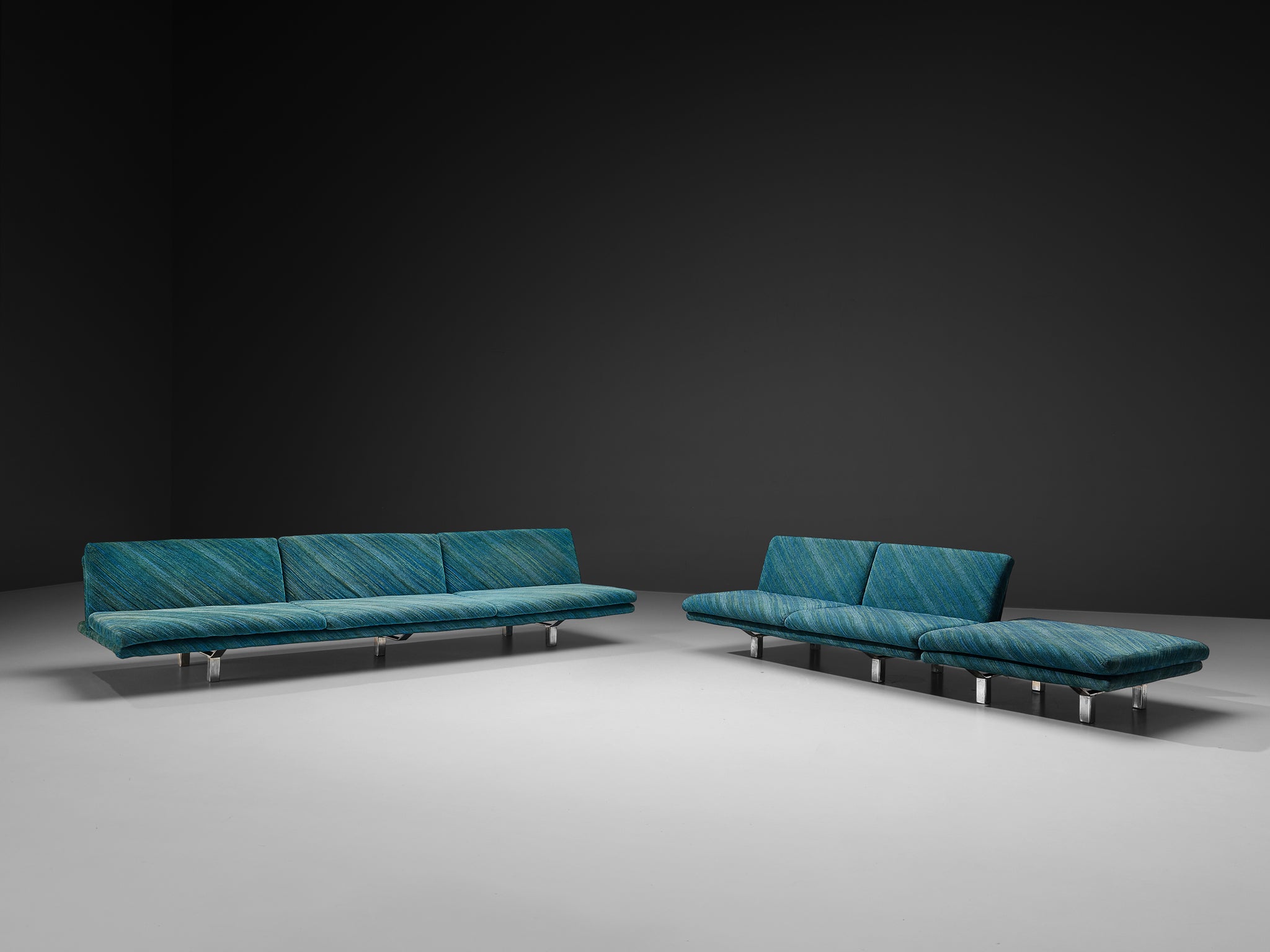 Streamlined Modern Living Room Set with Sofas and Ottoman in Green-Blue Patterned Upholstery and Chromed Metal Seating Morentz