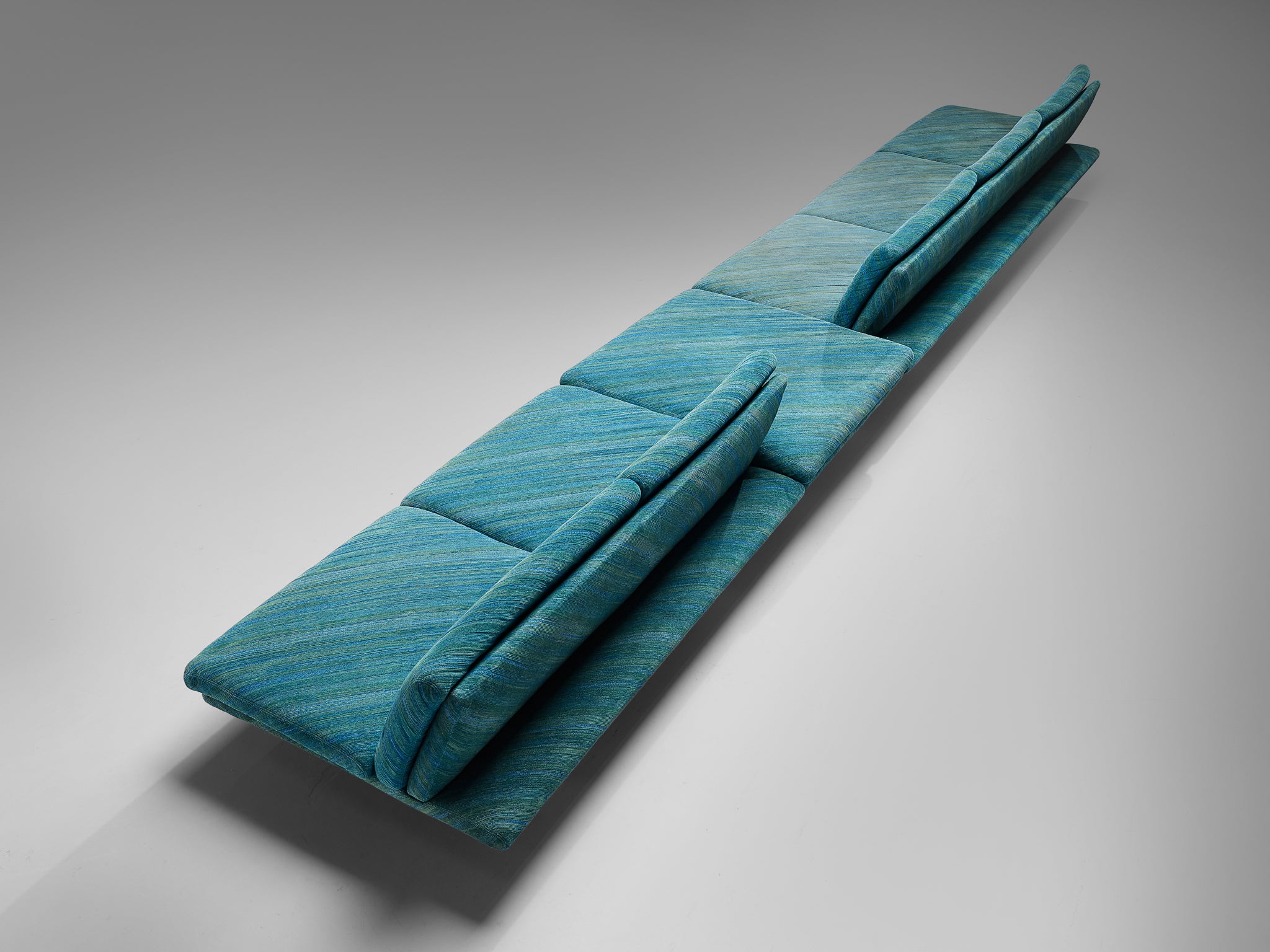 Streamlined Modern Living Room Set with Sofas and Ottoman in Green-Blue Patterned Upholstery and Chromed Metal Seating Morentz