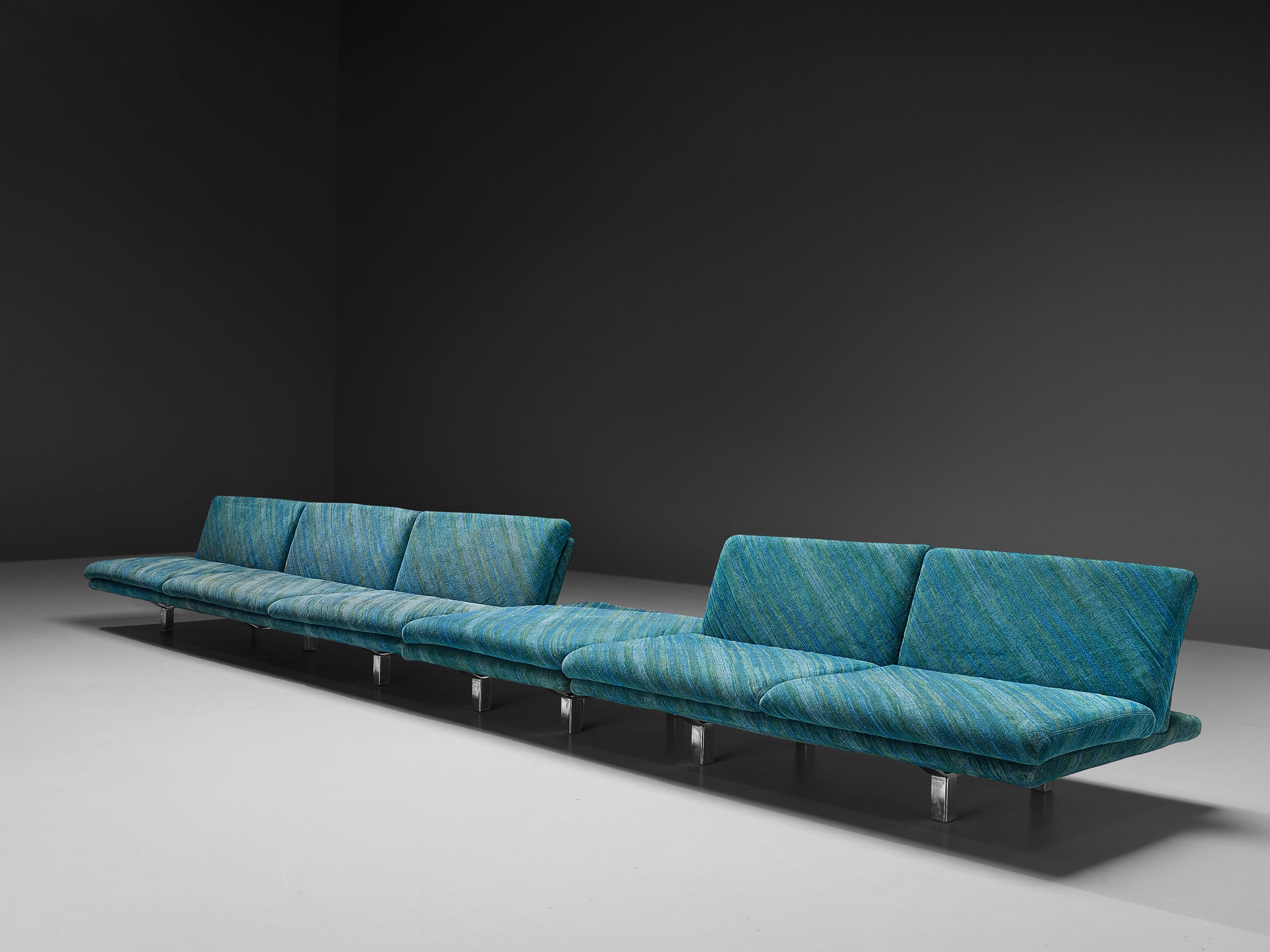 Streamlined Modern Living Room Set with Sofas and Ottoman in Green-Blue Patterned Upholstery and Chromed Metal Seating Morentz