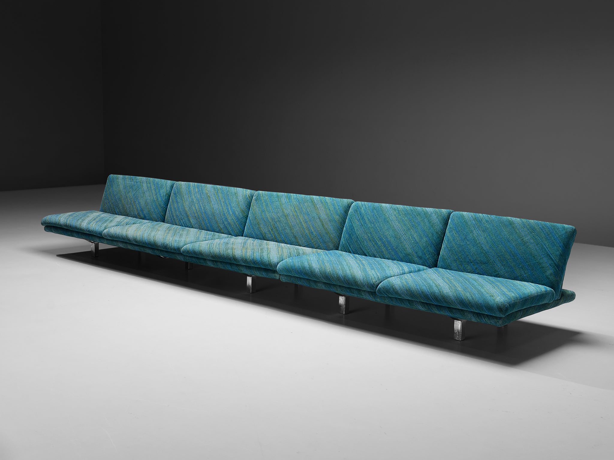 Streamlined Modern Living Room Set with Sofas and Ottoman in Green-Blue Patterned Upholstery and Chromed Metal Seating Morentz
