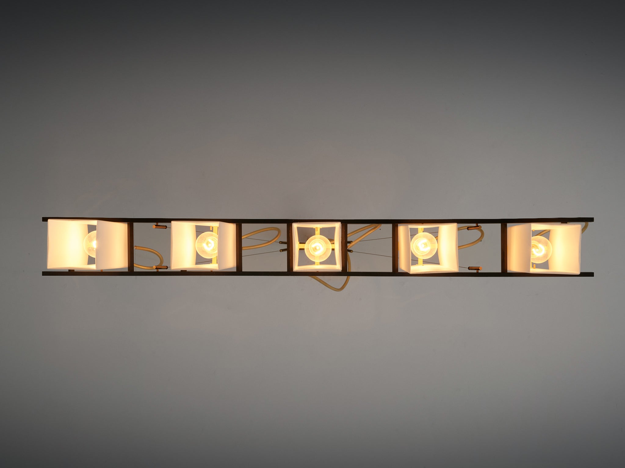 Angelo Lelii for Arredoluce Chandelier '12701' in Brass and Opaline Glass Lighting Morentz