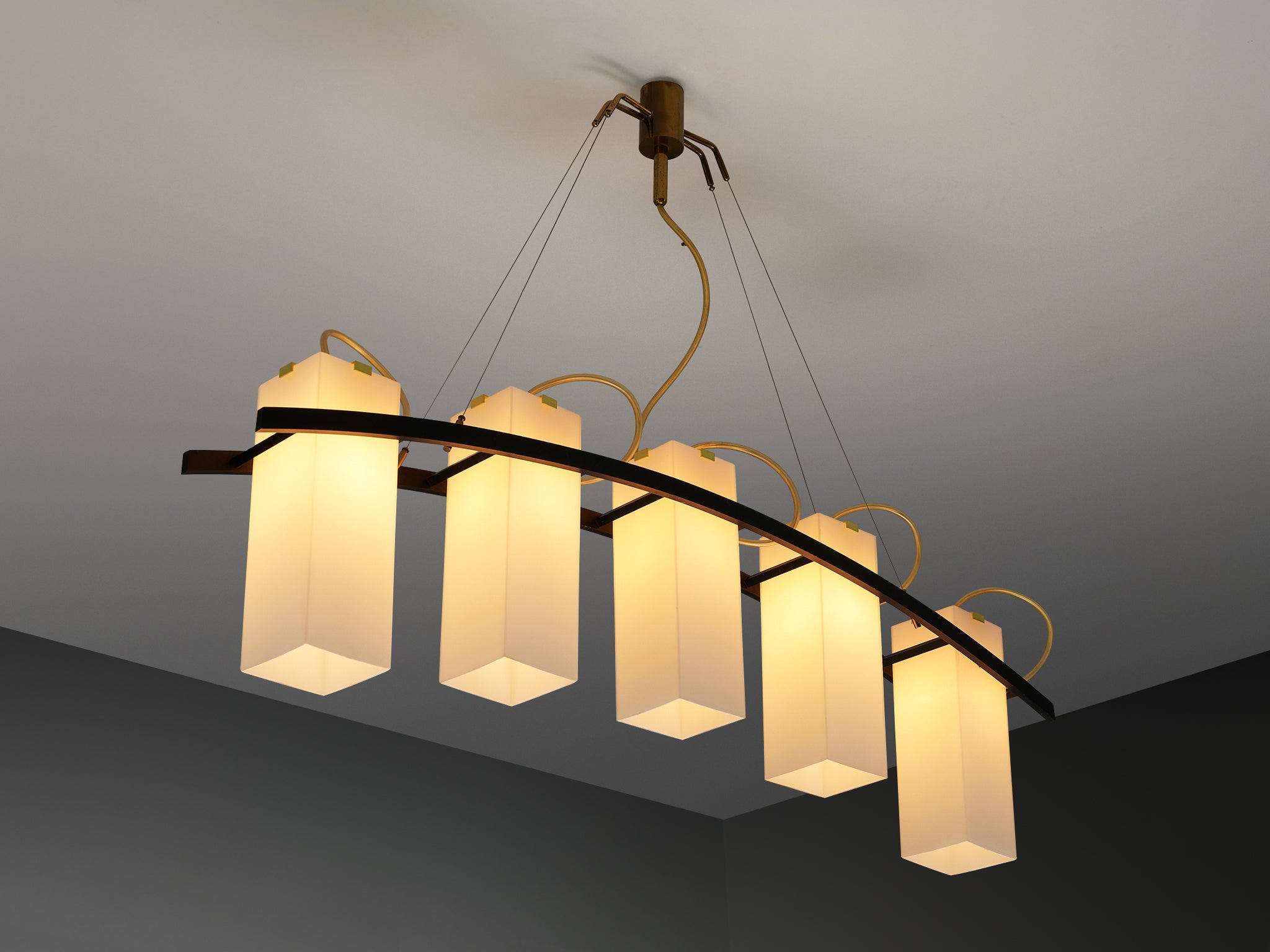Angelo Lelii for Arredoluce Chandelier '12701' in Brass and Opaline Glass Lighting Morentz