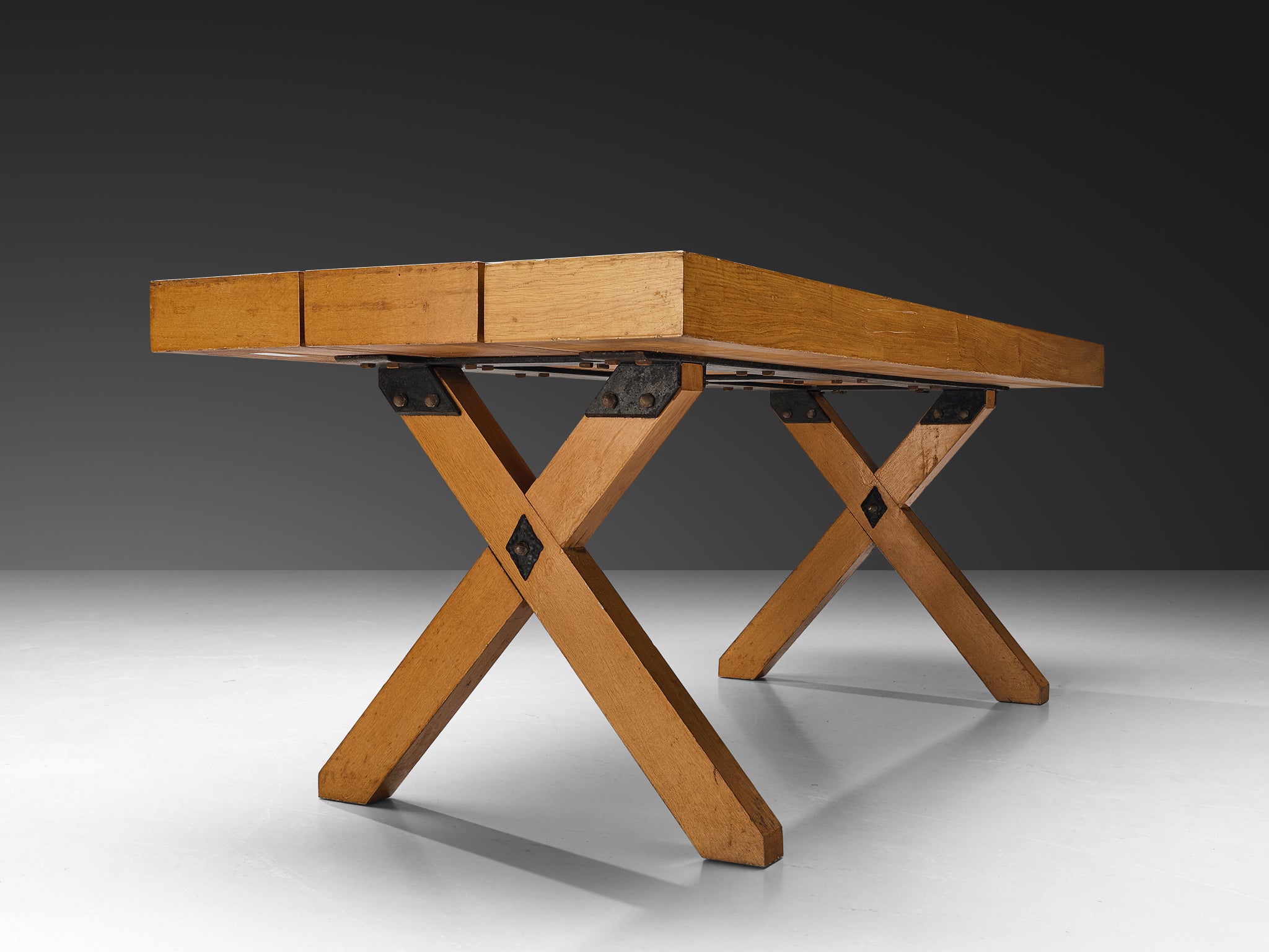 Rustic Italian Oak Cross-legged Dining Table with Iron Tables Morentz