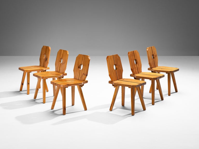 Set of Six Sculpted Dining Chairs in Solid Pine