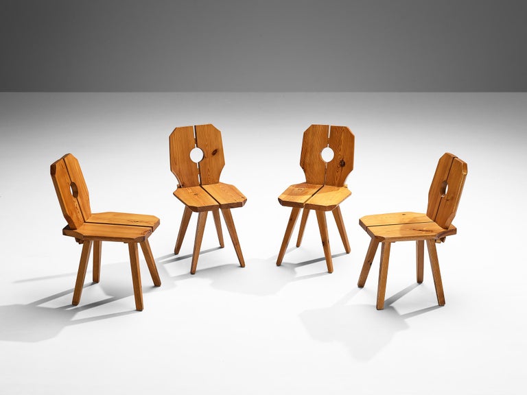 Set of Six Sculpted Dining Chairs in Solid Pine