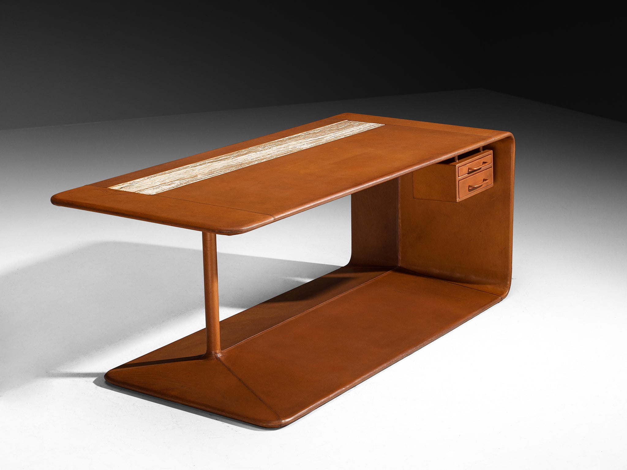 Rolf Thies Unique Free-Standing Desk in Cognac Leather and Marble Tables Morentz