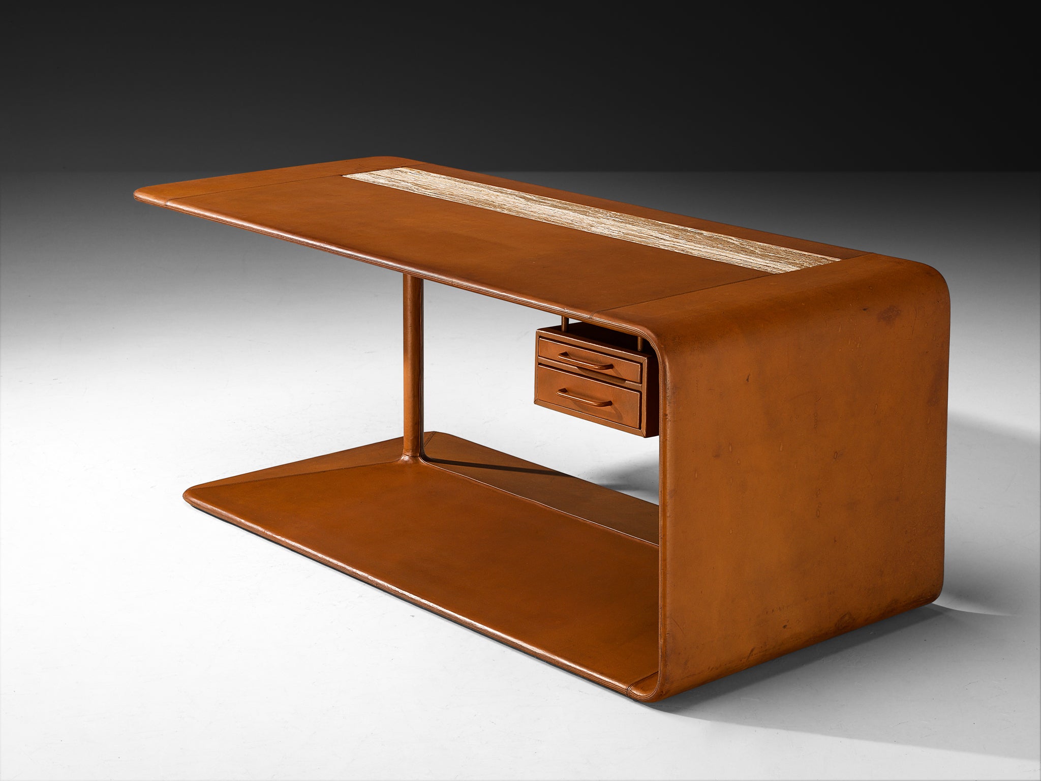 Rolf Thies Unique Free-Standing Desk in Cognac Leather and Marble Tables Morentz