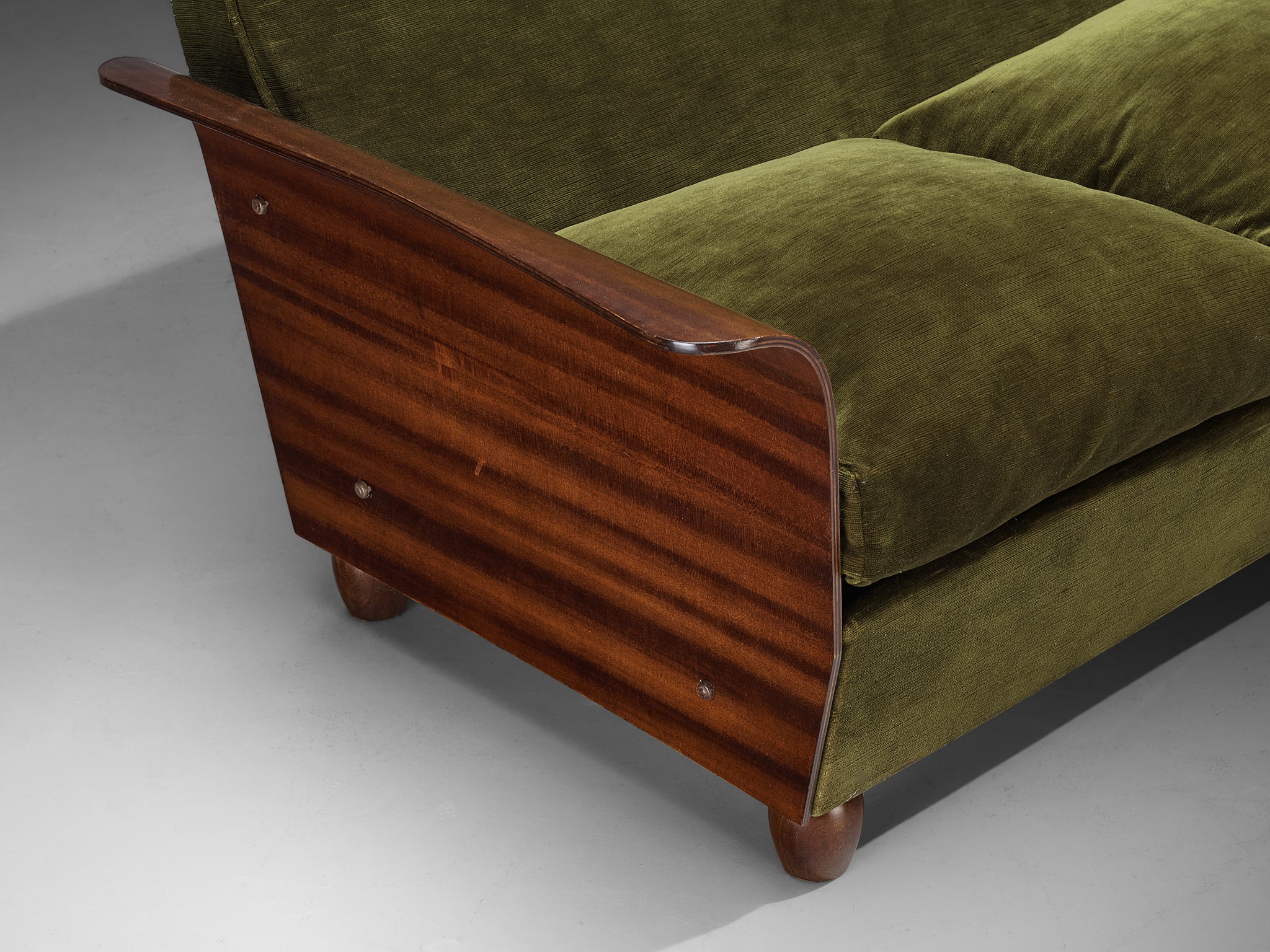 Mid-Century Modern Italian Two Seater Sofa in Green Velvet and Mahogany Seating Morentz