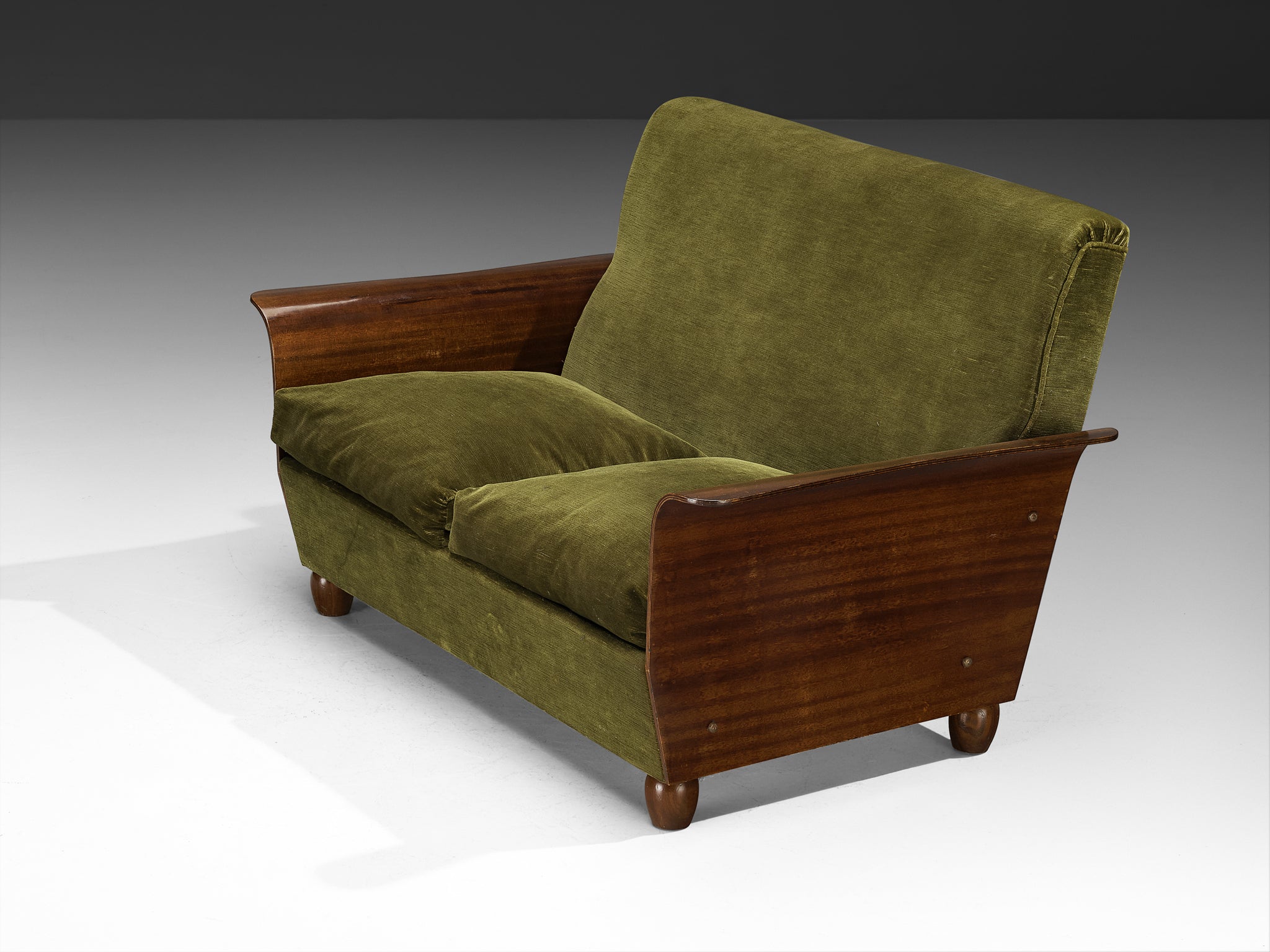 Mid-Century Modern Italian Two Seater Sofa in Green Velvet and Mahogany Seating Morentz
