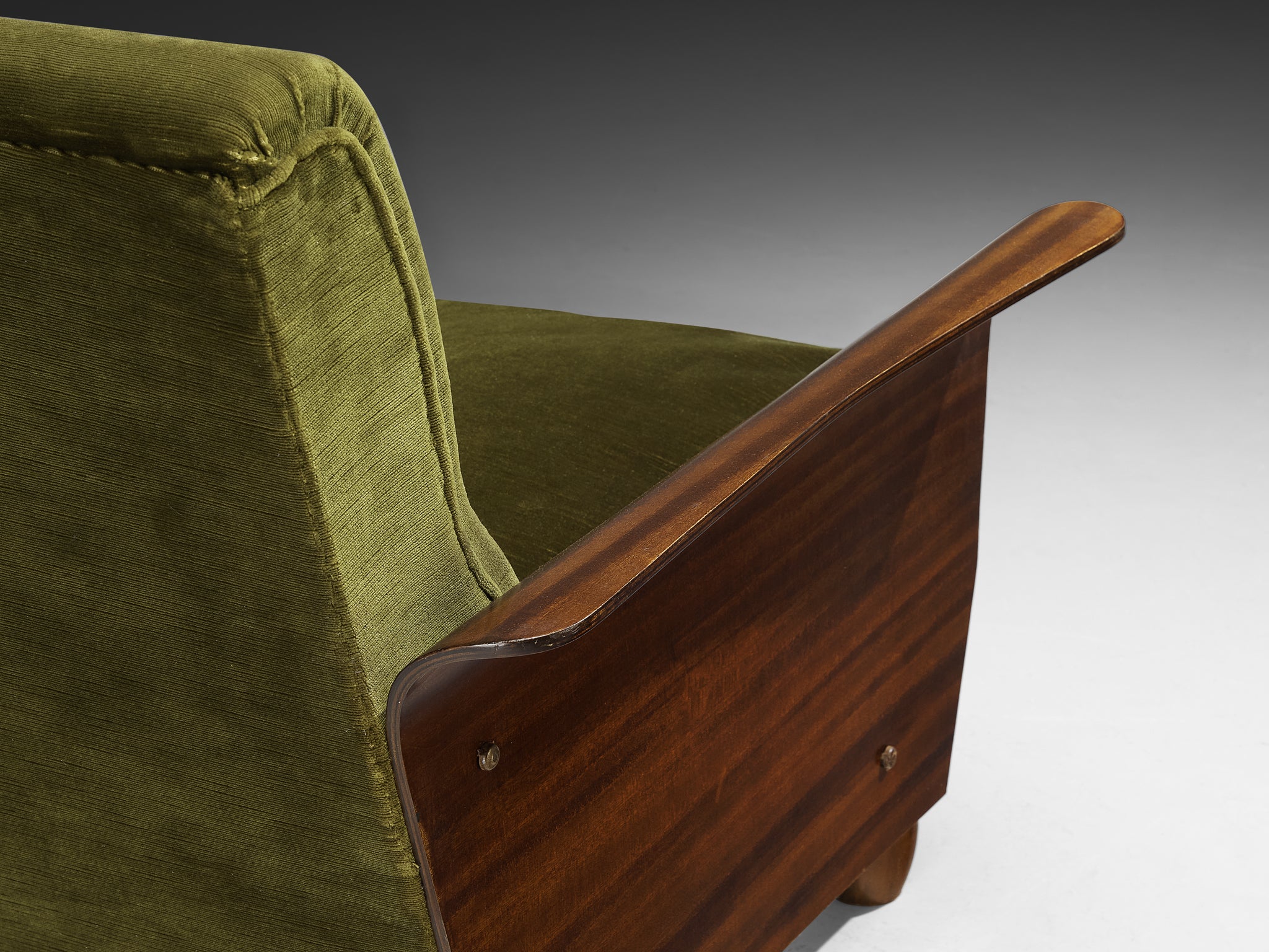 Mid-Century Modern Italian Two Seater Sofa in Green Velvet and Mahogany Seating Morentz