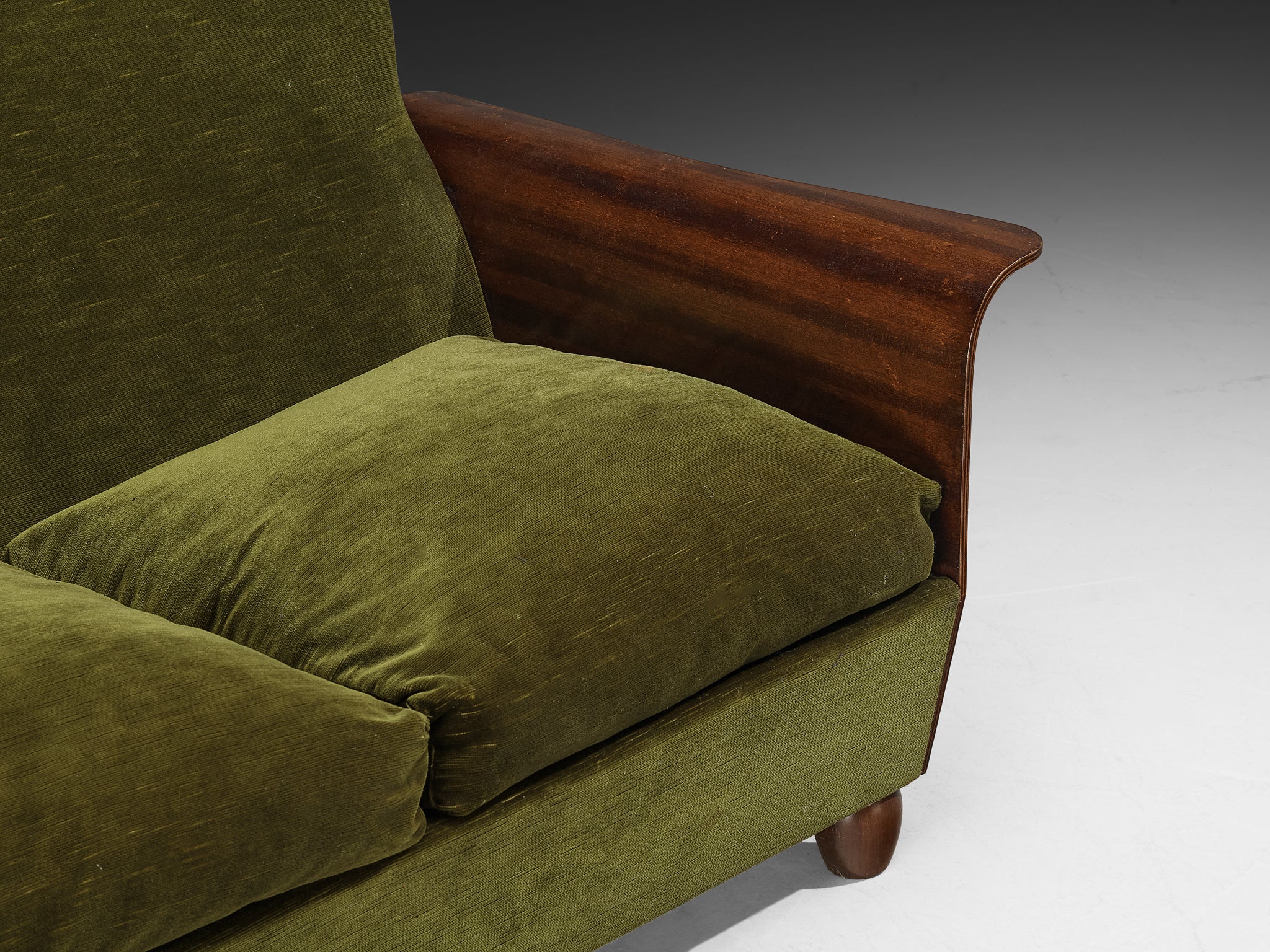 Mid-Century Modern Italian Two Seater Sofa in Green Velvet and Mahogany Seating Morentz