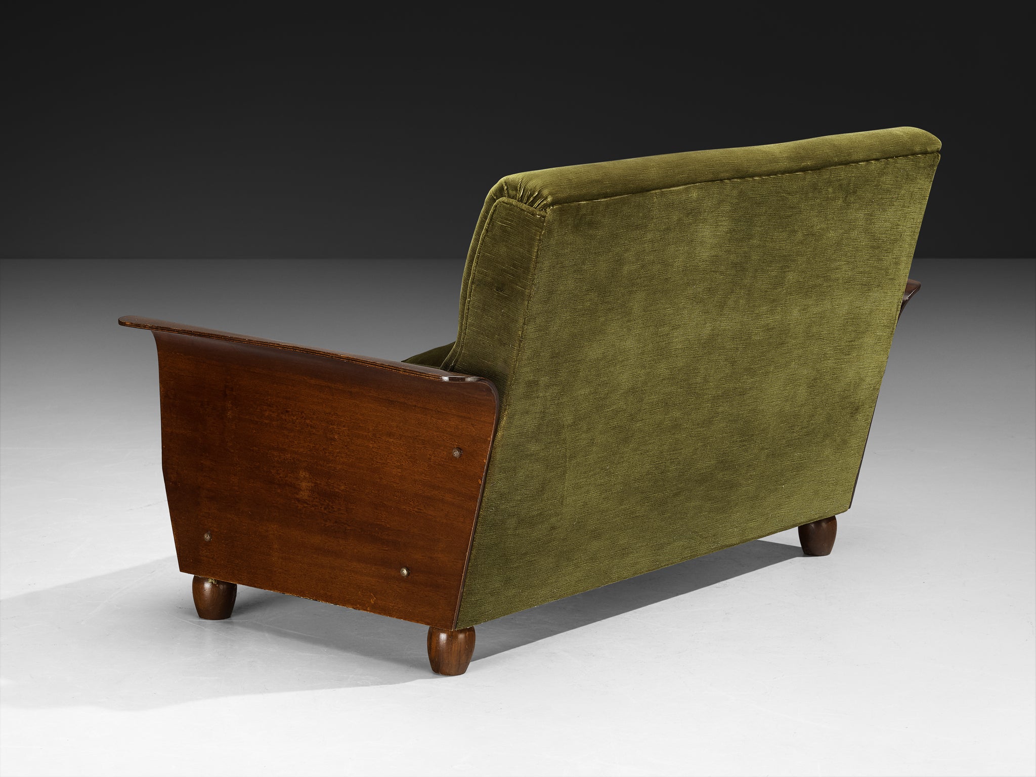 Mid-Century Modern Italian Two Seater Sofa in Green Velvet and Mahogany Seating Morentz