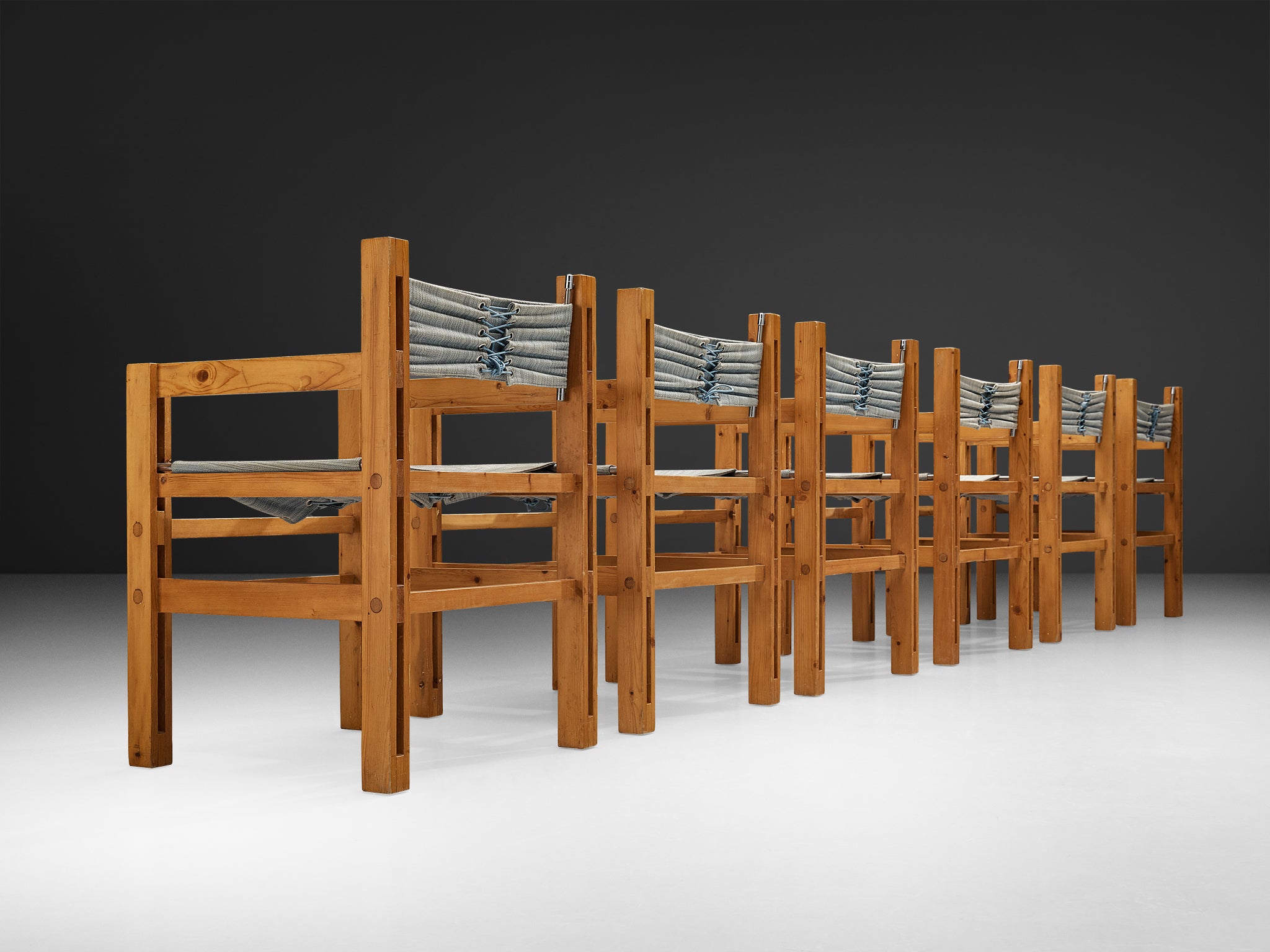 Italian Set of Six Armchairs in Pine with Light Blue Laced Backrest Seating Morentz