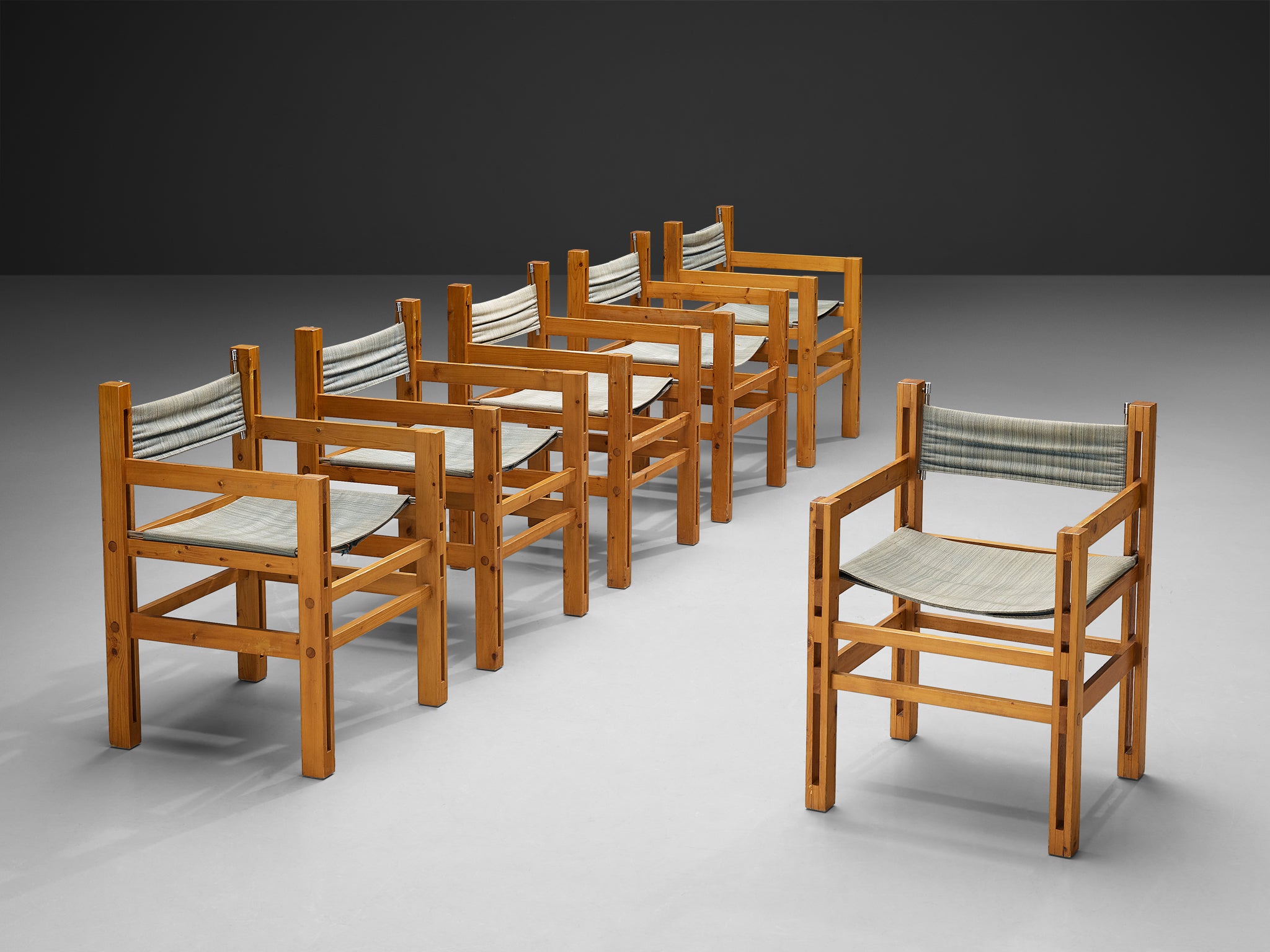 Italian Set of Six Armchairs in Pine with Light Blue Laced Backrest Seating Morentz