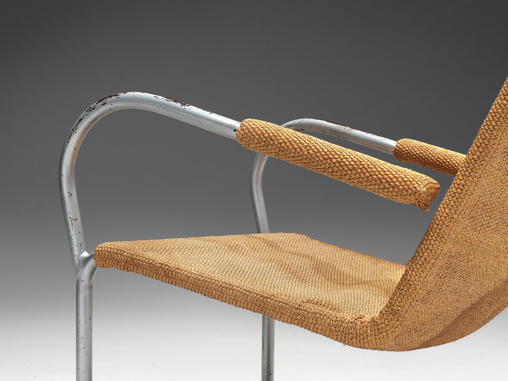 Bas Van Pelt Patinated Tubular Armchair in Metal and Sisal seating Morentz